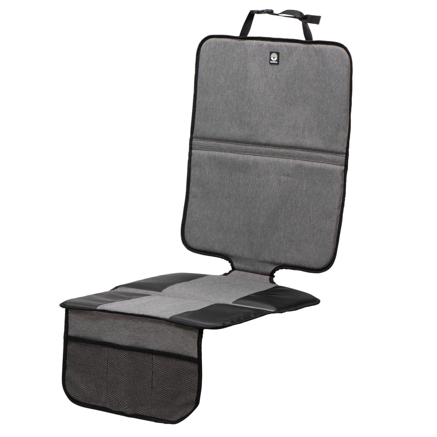 Dooky Seat Protection Mat shown fitted over a car seat, featuring grey fabric with black reinforced panels and mesh storage pockets at the front.