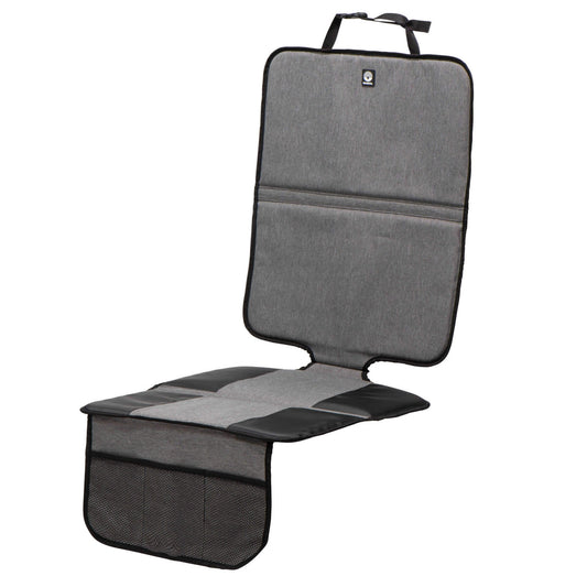 Dooky Seat Protection Mat shown fitted over a car seat, featuring grey fabric with black reinforced panels and mesh storage pockets at the front.