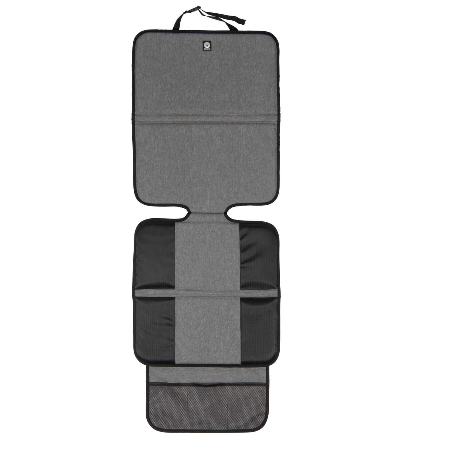 A grey and black seat protection mat laid flat to show its full length, with mesh storage pockets at the bottom and adjustable strap at the top.