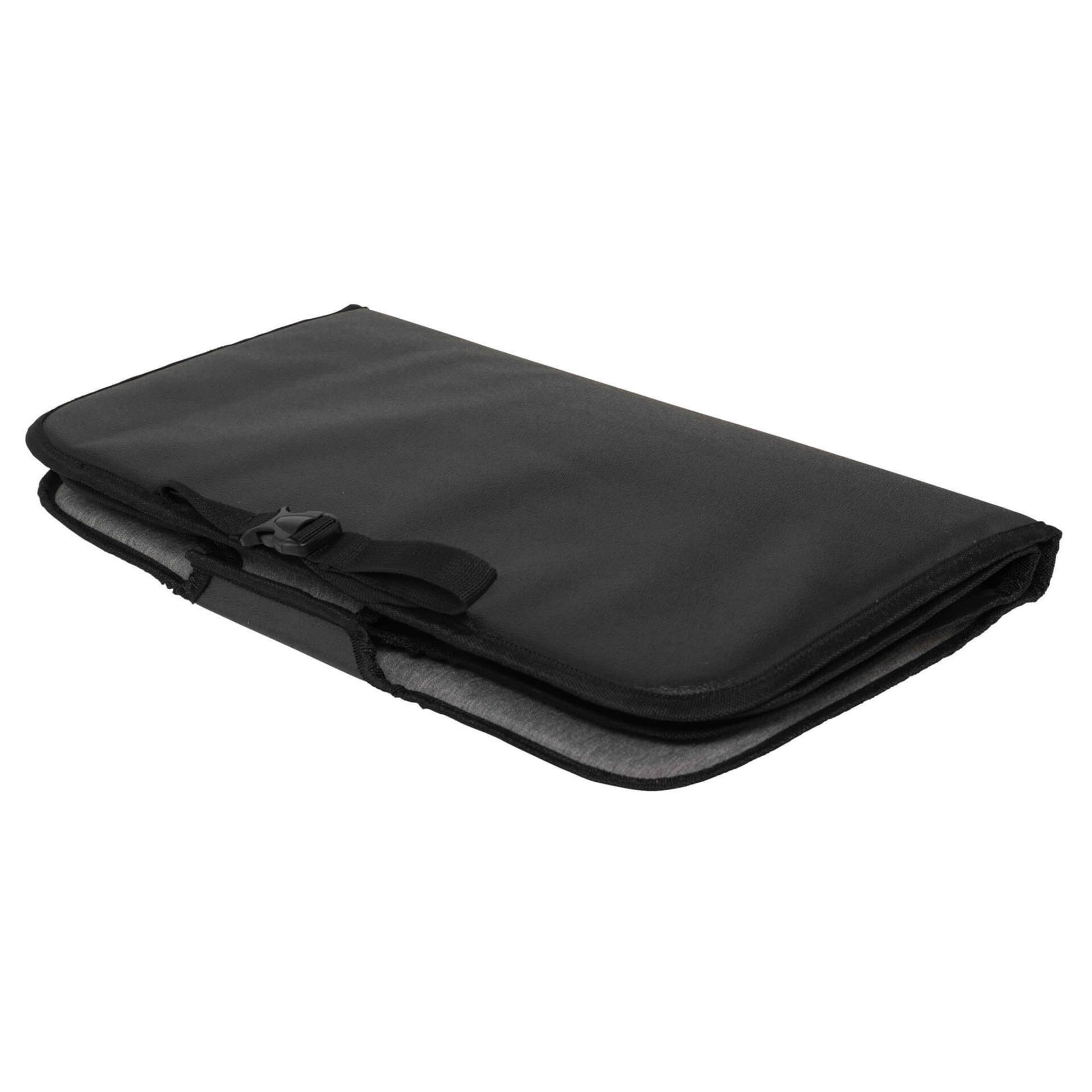 A folded seat protection mat in black and grey with a buckle strap securing it closed.
