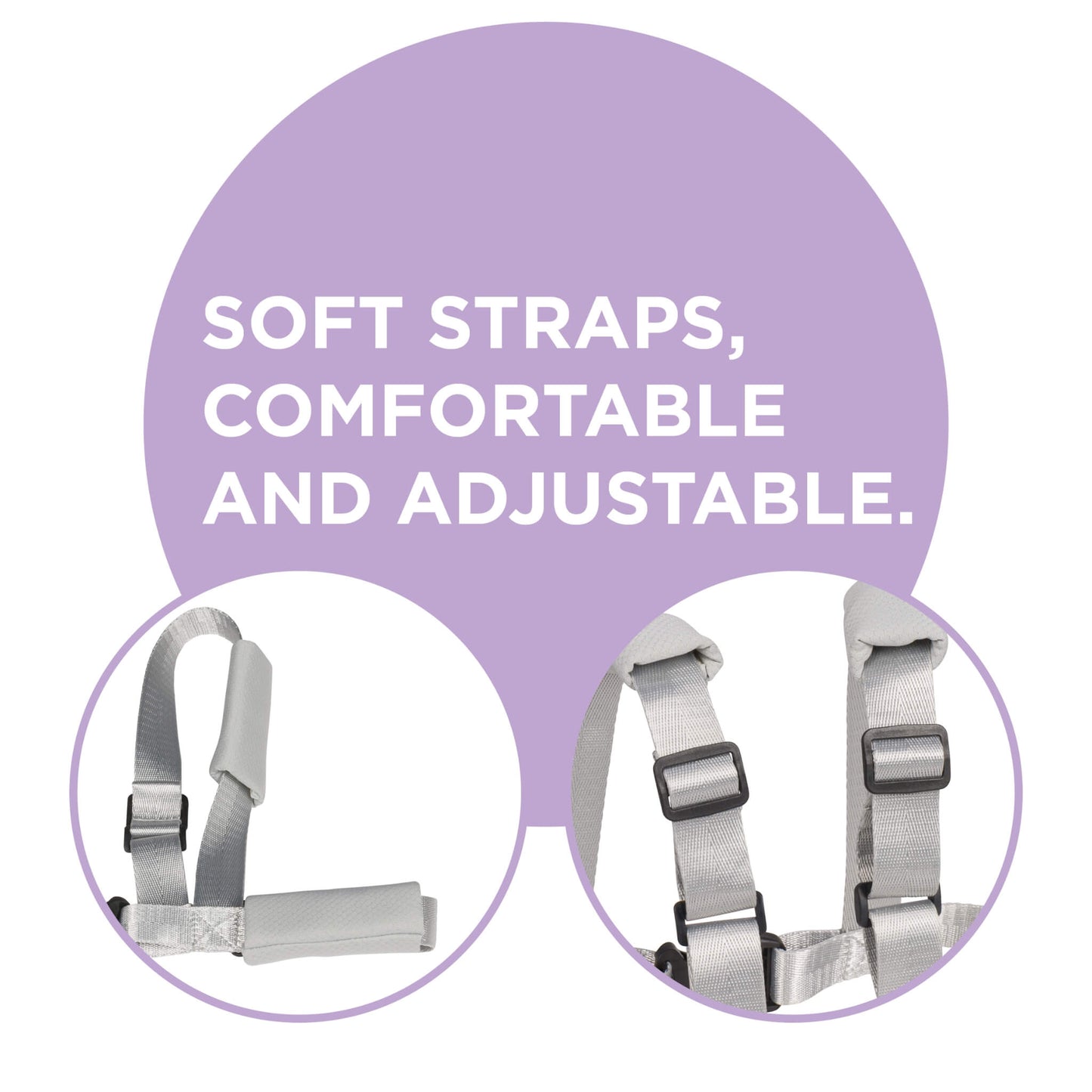 A promotional graphic for a baby harness showing two circular close-up views of light grey adjustable straps with black plastic buckles, set against a white background with a large lavender text bubble reading 'SOFT STRAPS, COMFORTABLE AND ADJUSTABLE.'.