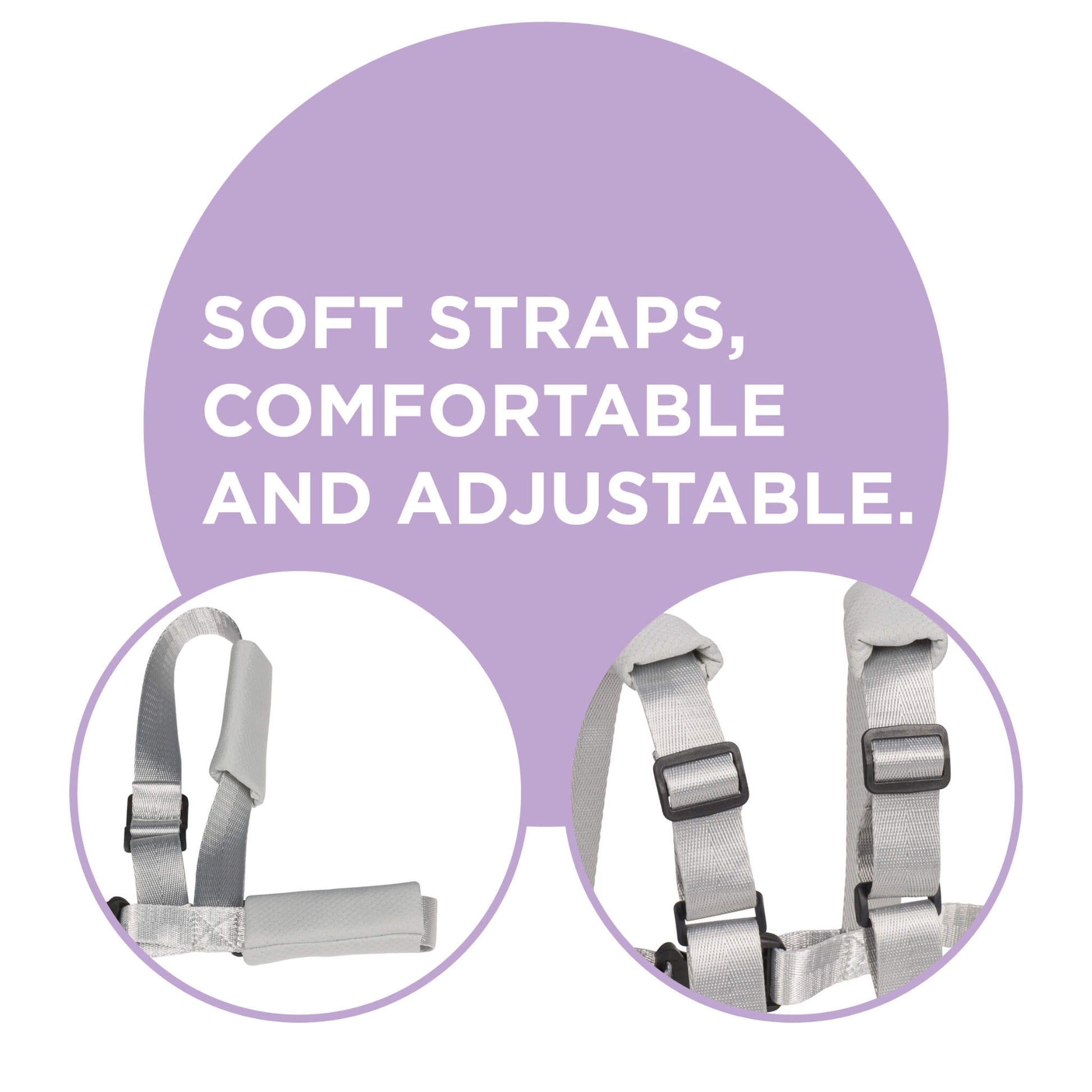 A promotional graphic for a baby harness showing two circular close-up views of light grey adjustable straps with black plastic buckles, set against a white background with a large lavender text bubble reading 'SOFT STRAPS, COMFORTABLE AND ADJUSTABLE.'.