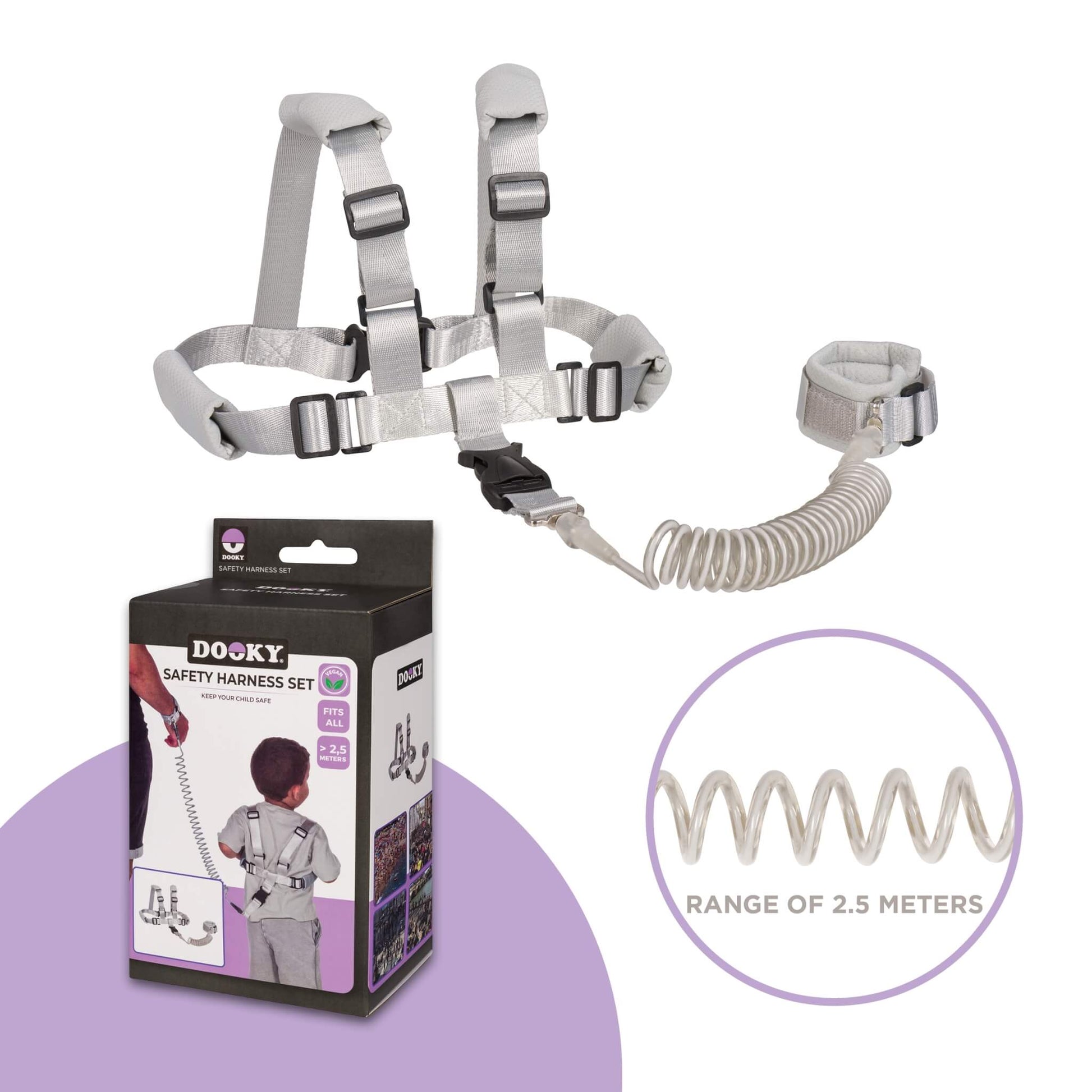 A silver safety harness set with a coiled leash and matching buckle, shown alongside its retail packaging box and a circular inset highlighting the 2.5-meter range.