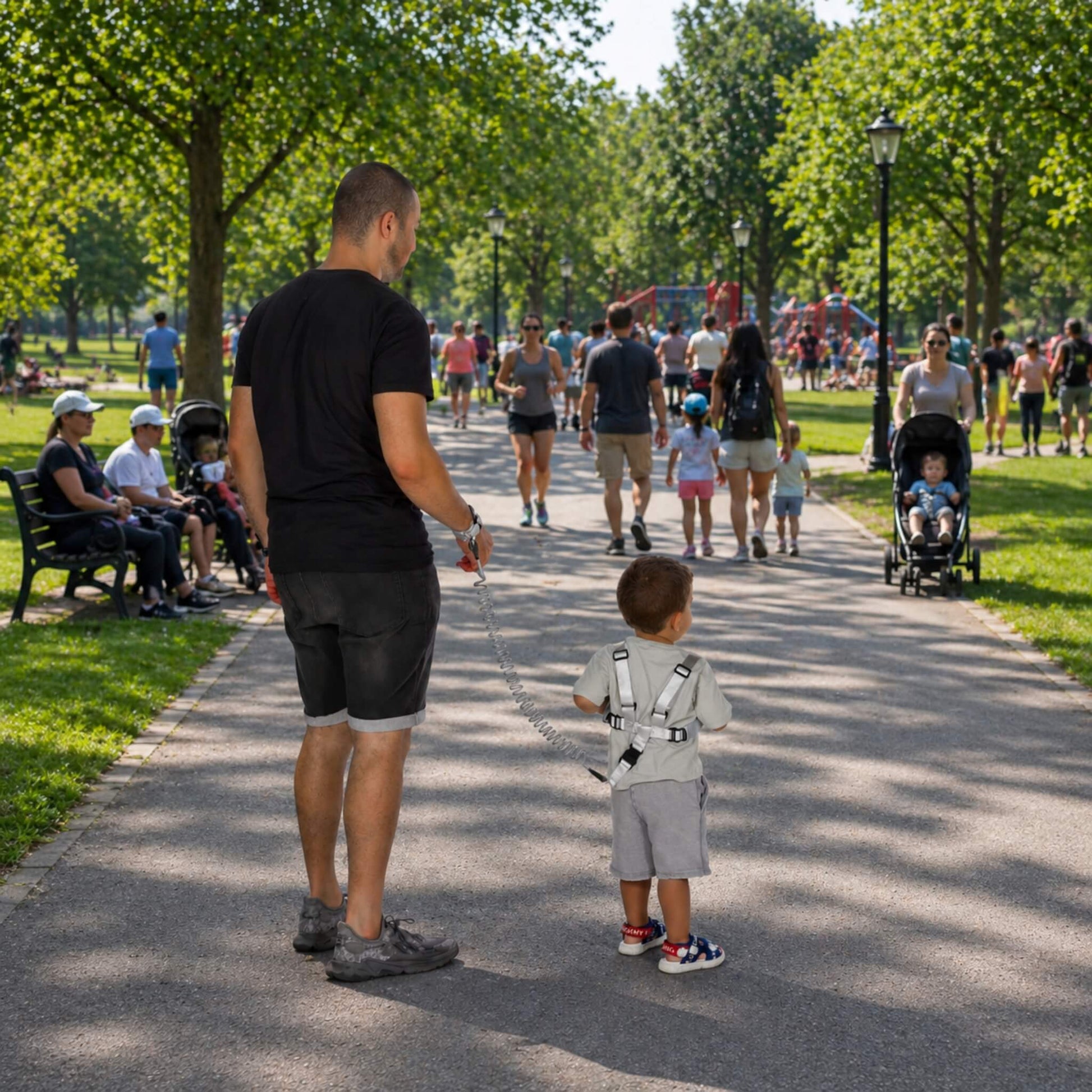 A man in a black t-shirt and shorts walks a young child wearing a white harness on a paved path in a sunny park with trees and other people in the background.