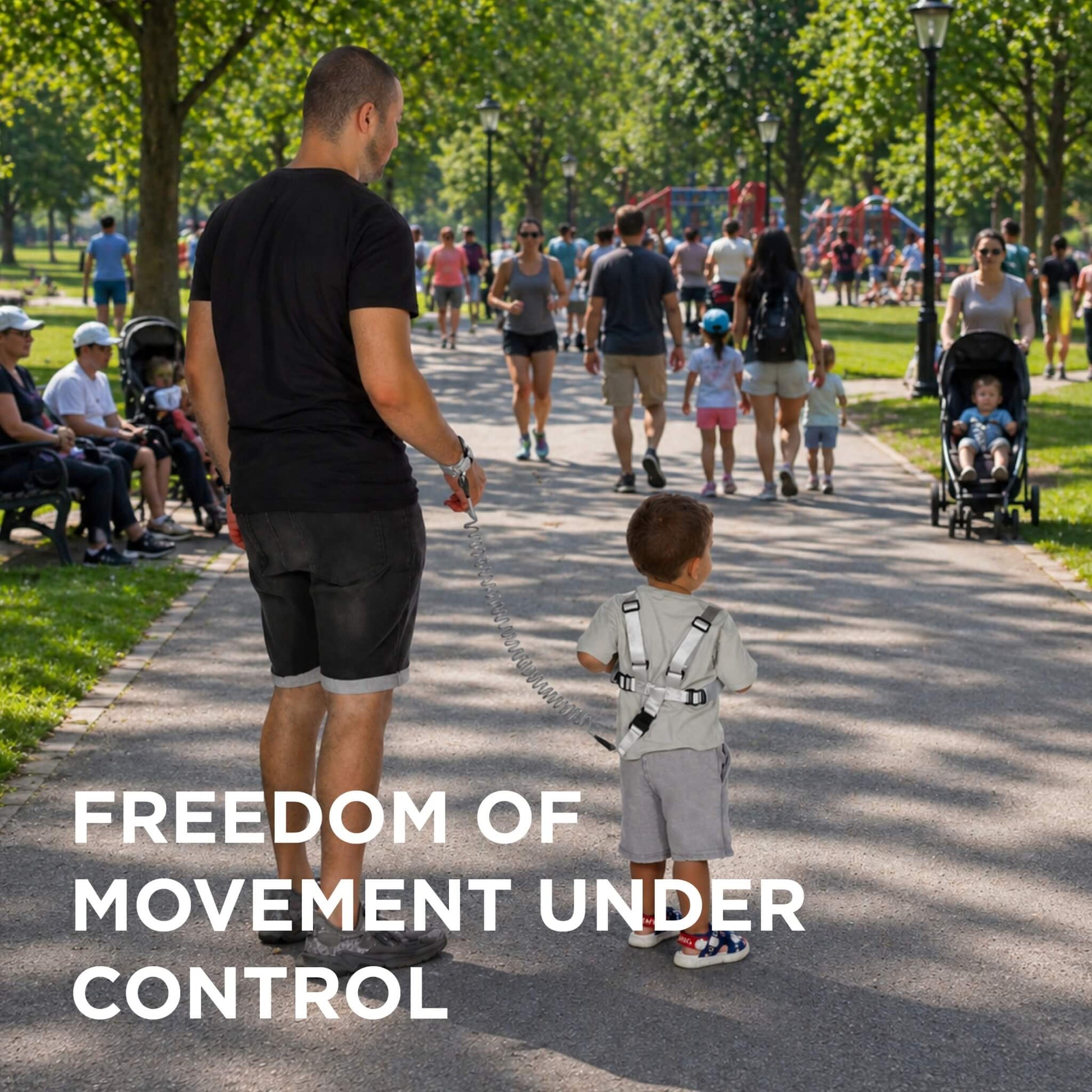 A man in a black t-shirt and shorts walks a young boy wearing a gray and white body harness with a leash, in a sunny park. The text 'FREEDOM OF MOVEMENT UNDER CONTROL' is overlaid at the bottom.