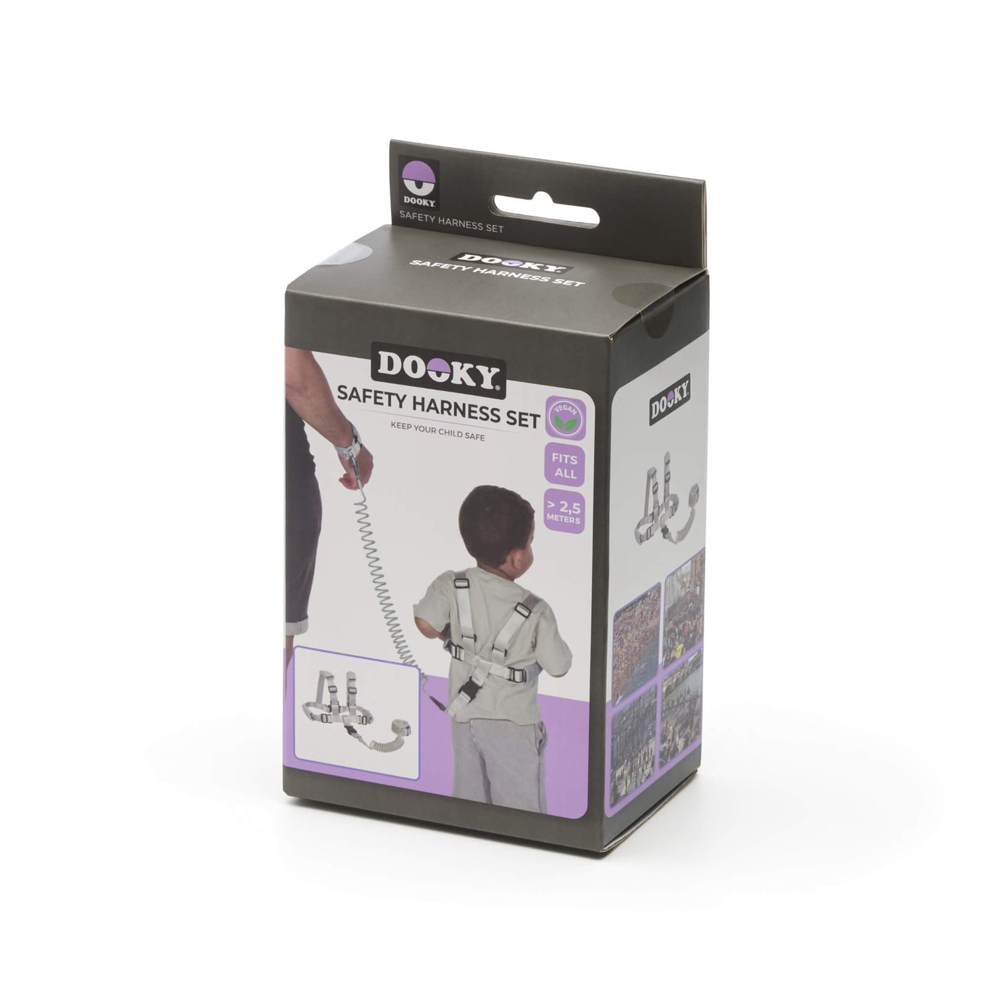Dooky Safety Harness Set in its retail packaging, featuring a dark gray and white box with purple accents and images of a child wearing the harness.