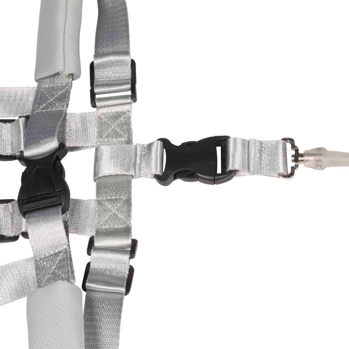 Close-up of the central buckle on a child safety harness, showing the connection point for the coiled tether.