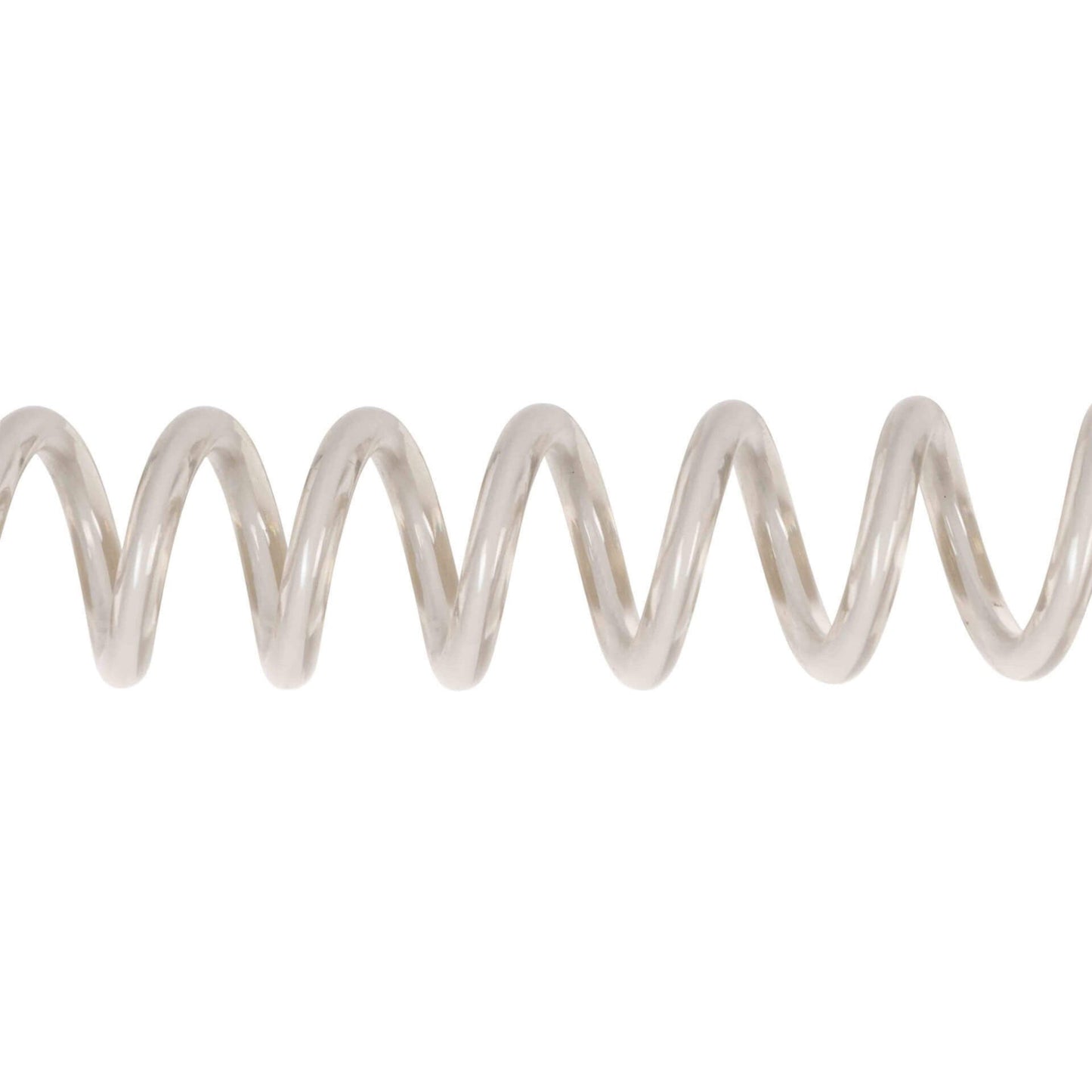 Plastic coiled tether stretched in a straight line to show flexibility.