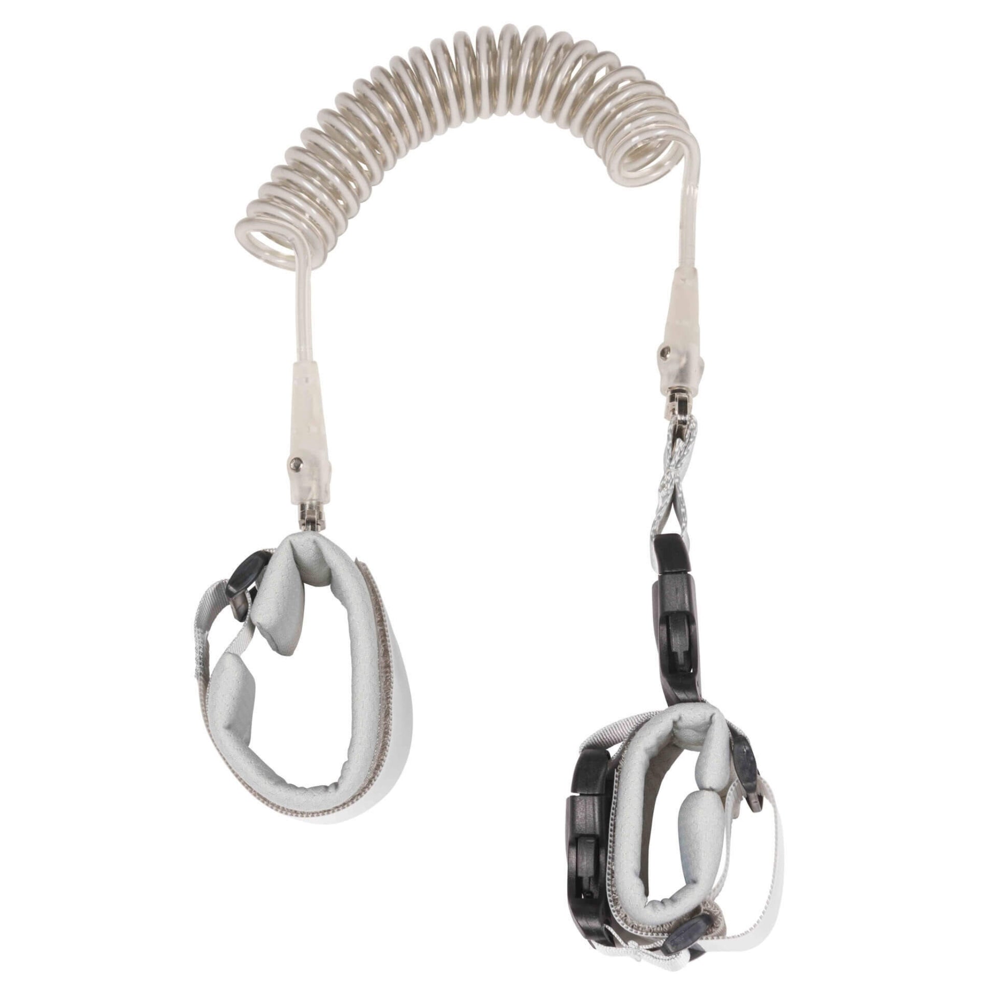 A coiled tether safety wristband laid out in a loop, showing both adjustable cuffs.