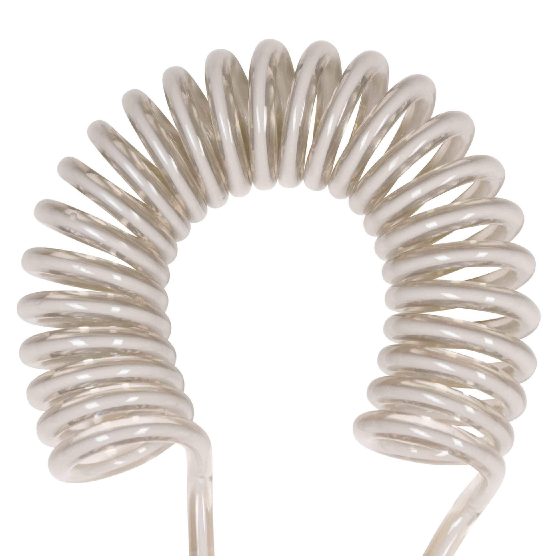 Close-up showing the curve of a tightly wound plastic coiled childs safety tether.