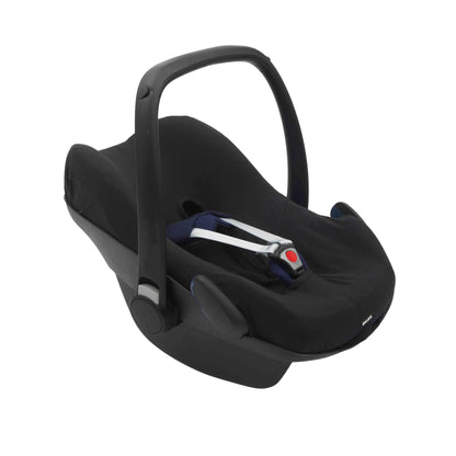 Dooky Seat Cover 0+ in Black fitted on a Group 0+ infant car seat, showing its snug, universal fit and smooth cotton finish. Ideal for freshening up used car seats.