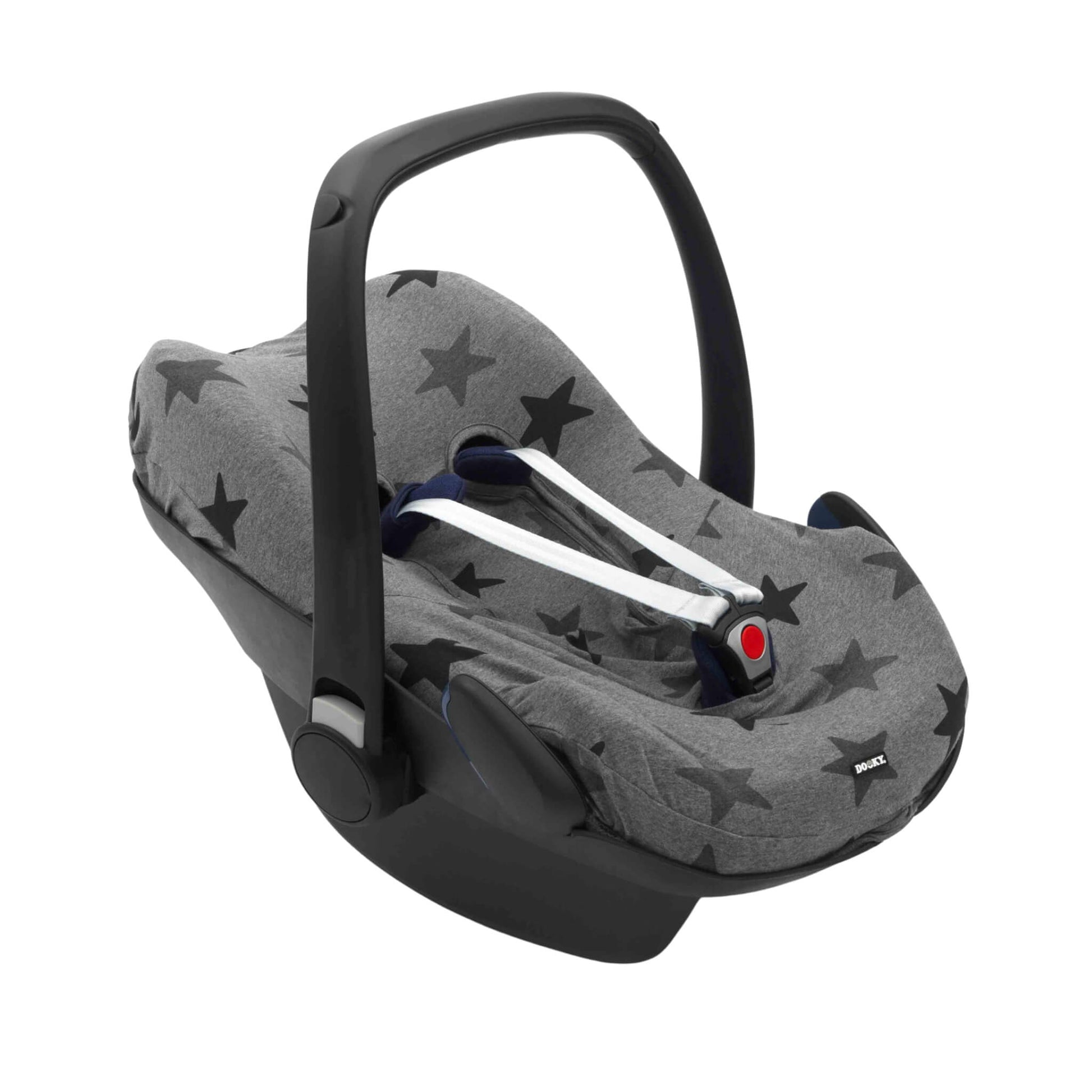 Dooky Seat Cover 0+ in grey stars fitted on a Group 0+ infant car seat, showing its snug, universal fit and smooth cotton finish. Ideal for freshening up used car seats.