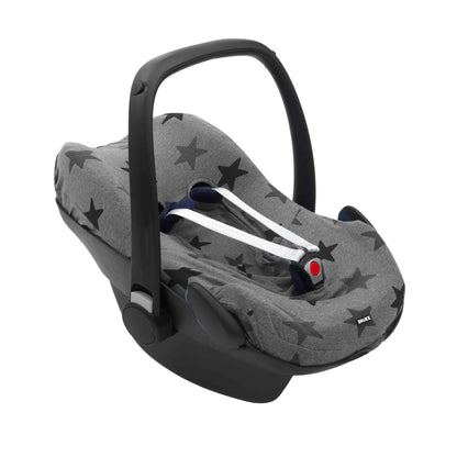 Dooky Seat Cover 0+ in grey stars fitted on a Group 0+ infant car seat, showing its snug, universal fit and smooth cotton finish. Ideal for freshening up used car seats.