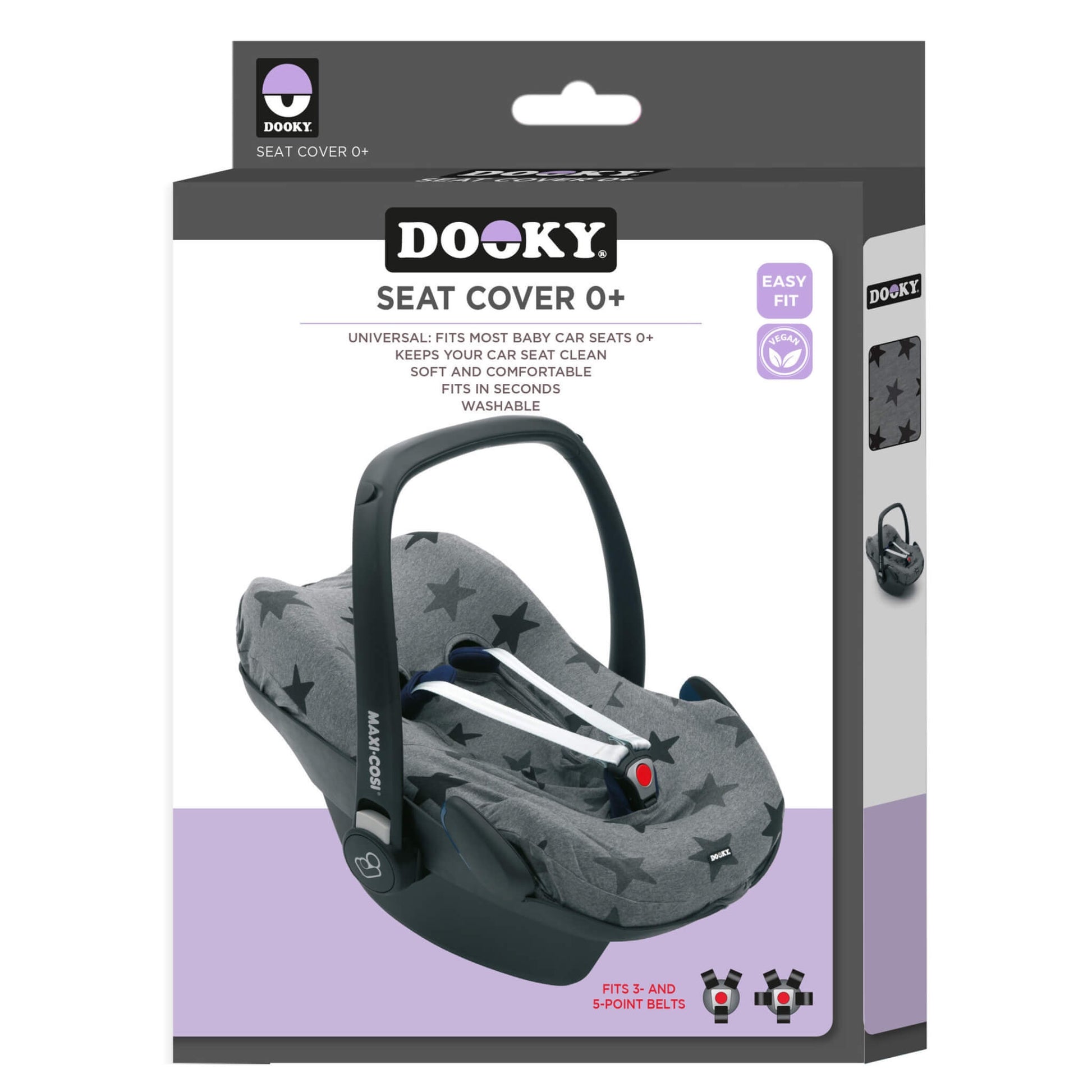Retail packaging for a grey stars seat cover designed for infant car seats, showing product details including universal fit, 3- and 5-point harness compatibility, easy-fit design, and washable fabric.