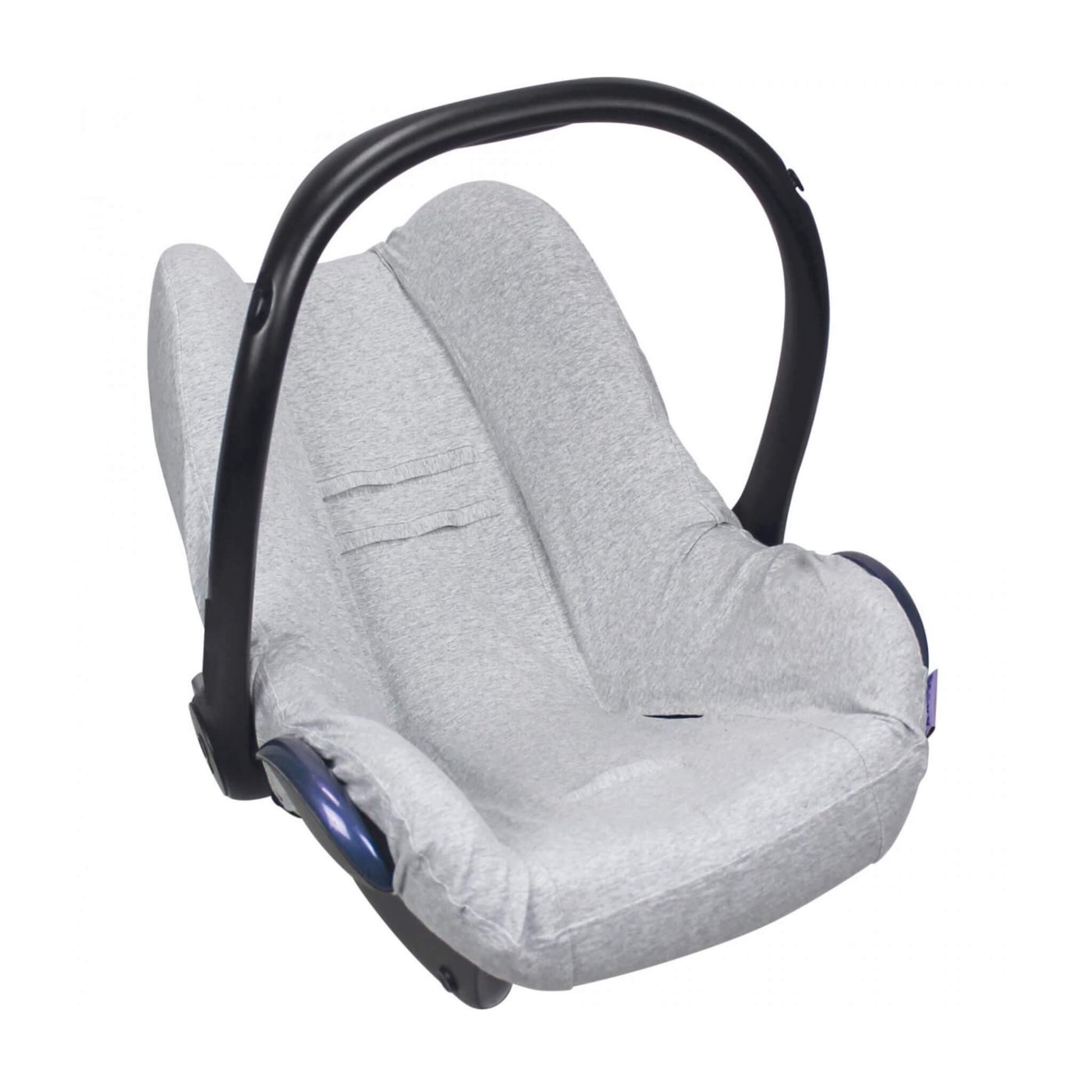 Dooky Seat Cover 0+ in light grey fitted on a Group 0+ infant car seat, showing its snug, universal fit and smooth cotton finish. Ideal for freshening up used car seats.