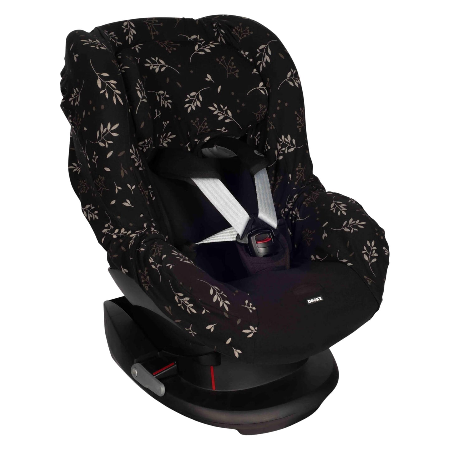 A forward-facing view of a Group 1 car seat with a dark floral seat cover and thick shoulder pads clipped into a red and black buckle.
