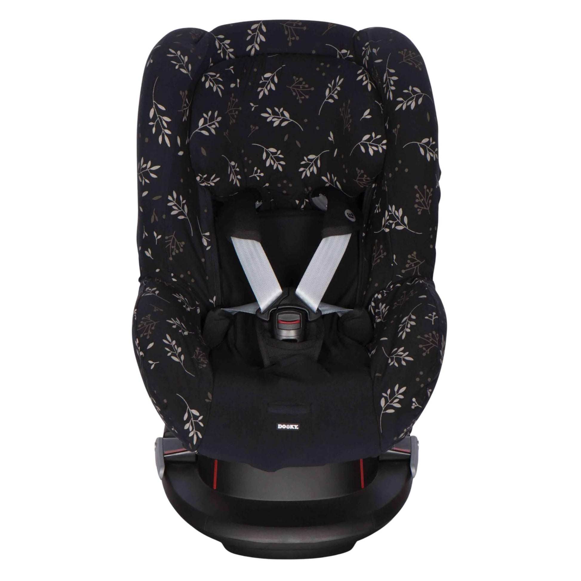 A Dooky Seat Cover in Romantic Leaves Black fitted on a Group 1 car seat, shown at an angle with a secure five-point harness in place.