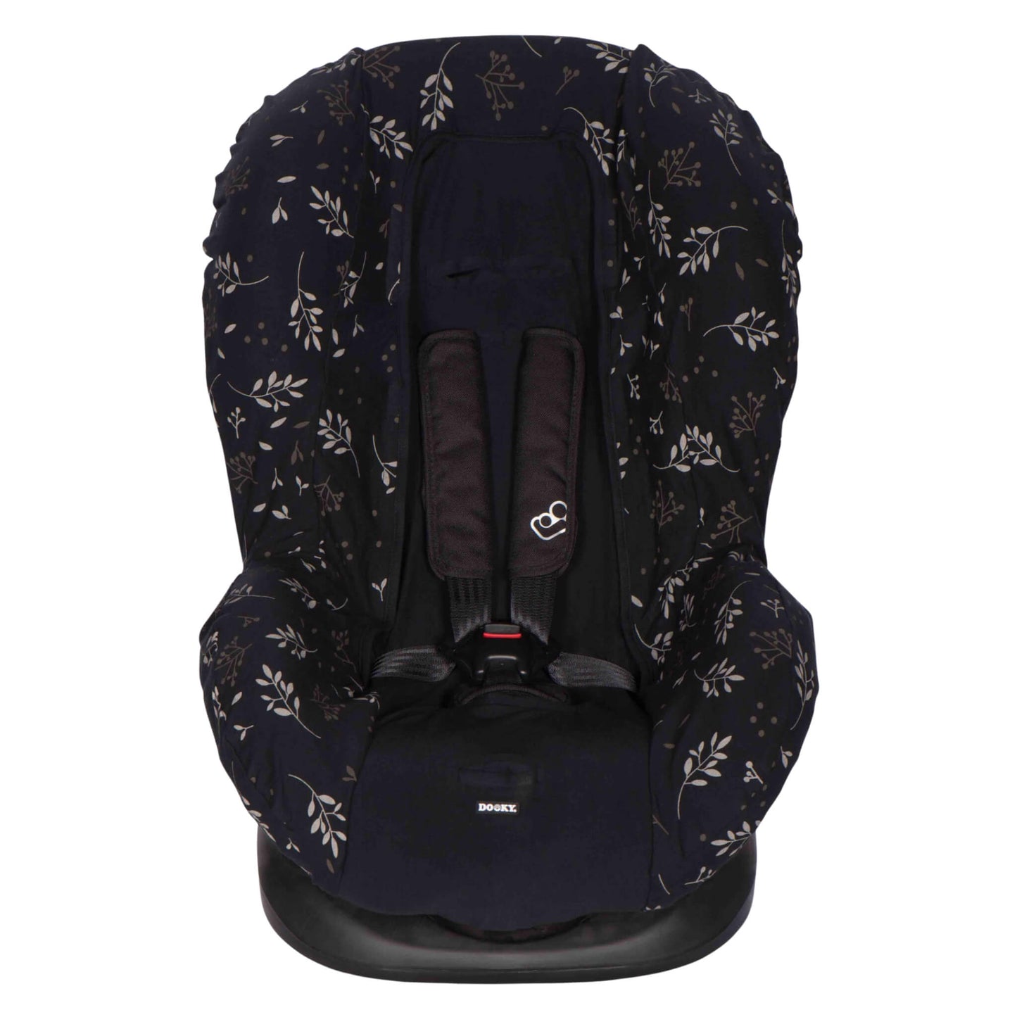 A front-facing Group 1 car seat with a fitted seat cover in a dark leaf print design and a white harness clipped in the centre.