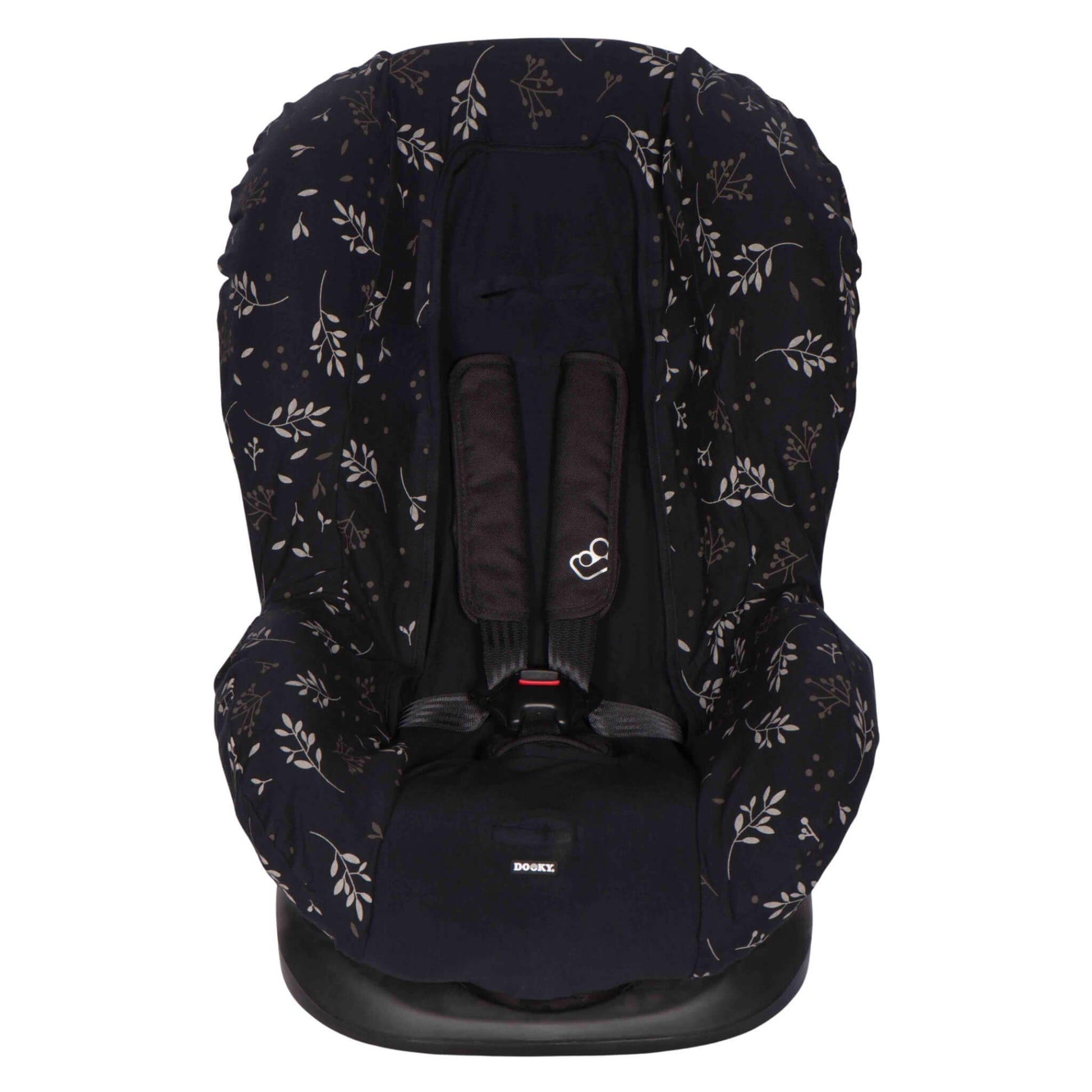 A front-facing Group 1 car seat with a fitted seat cover in a dark leaf print design and a white harness clipped in the centre.