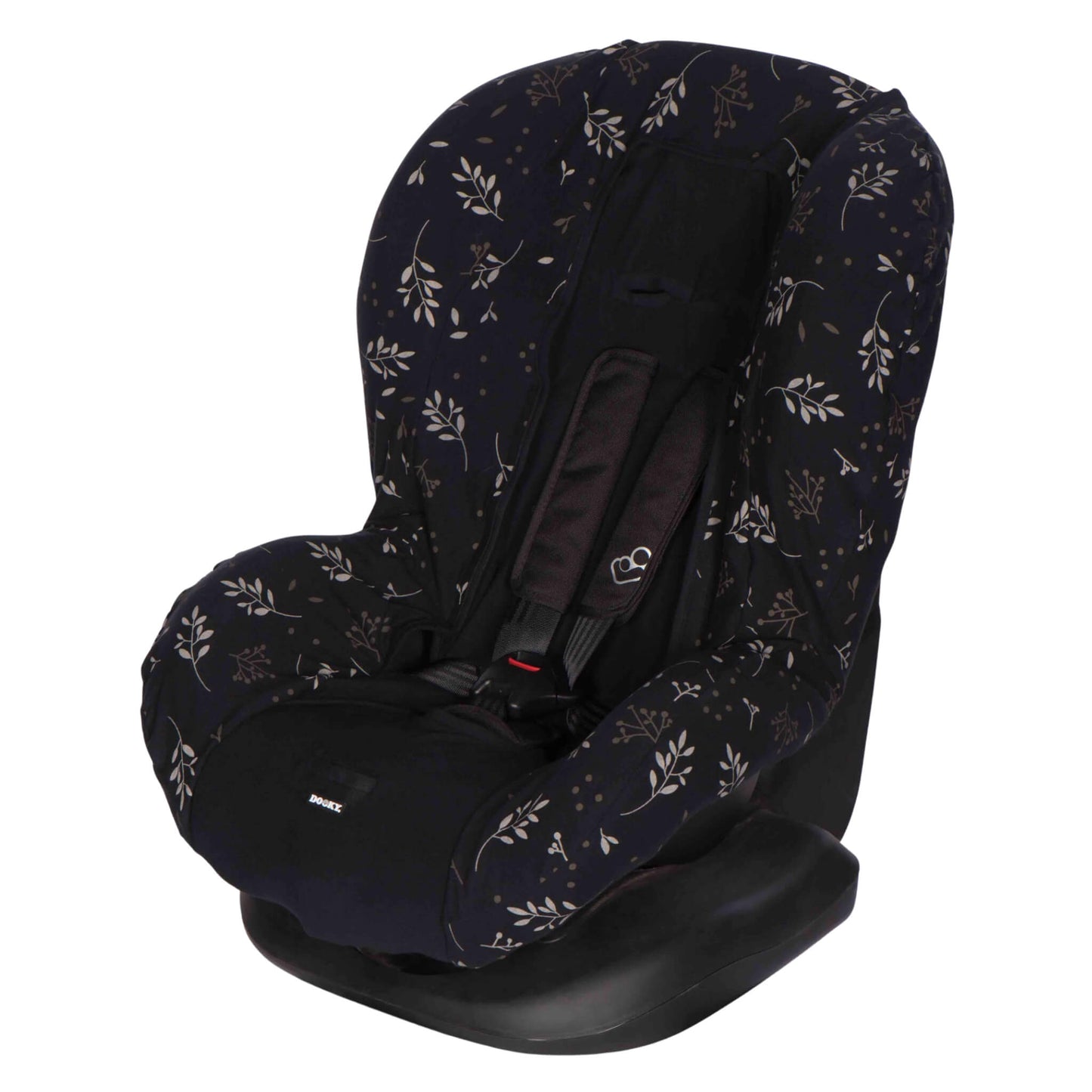 A Group 1 car seat with a black seat cover featuring a pale leaf pattern, shown from a side angle with black harness straps fastened in place.
