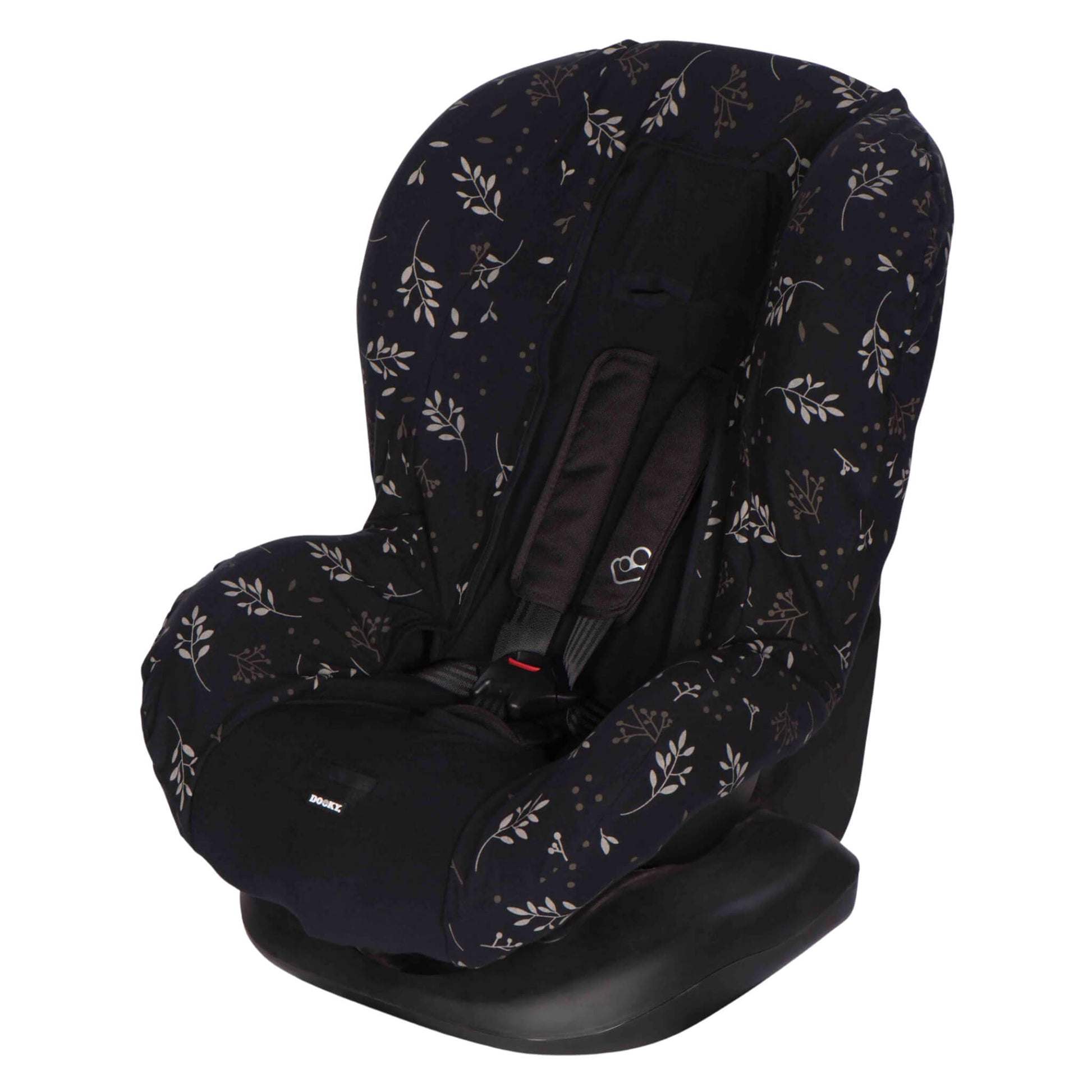A Group 1 car seat with a black seat cover featuring a pale leaf pattern, shown from a side angle with black harness straps fastened in place.