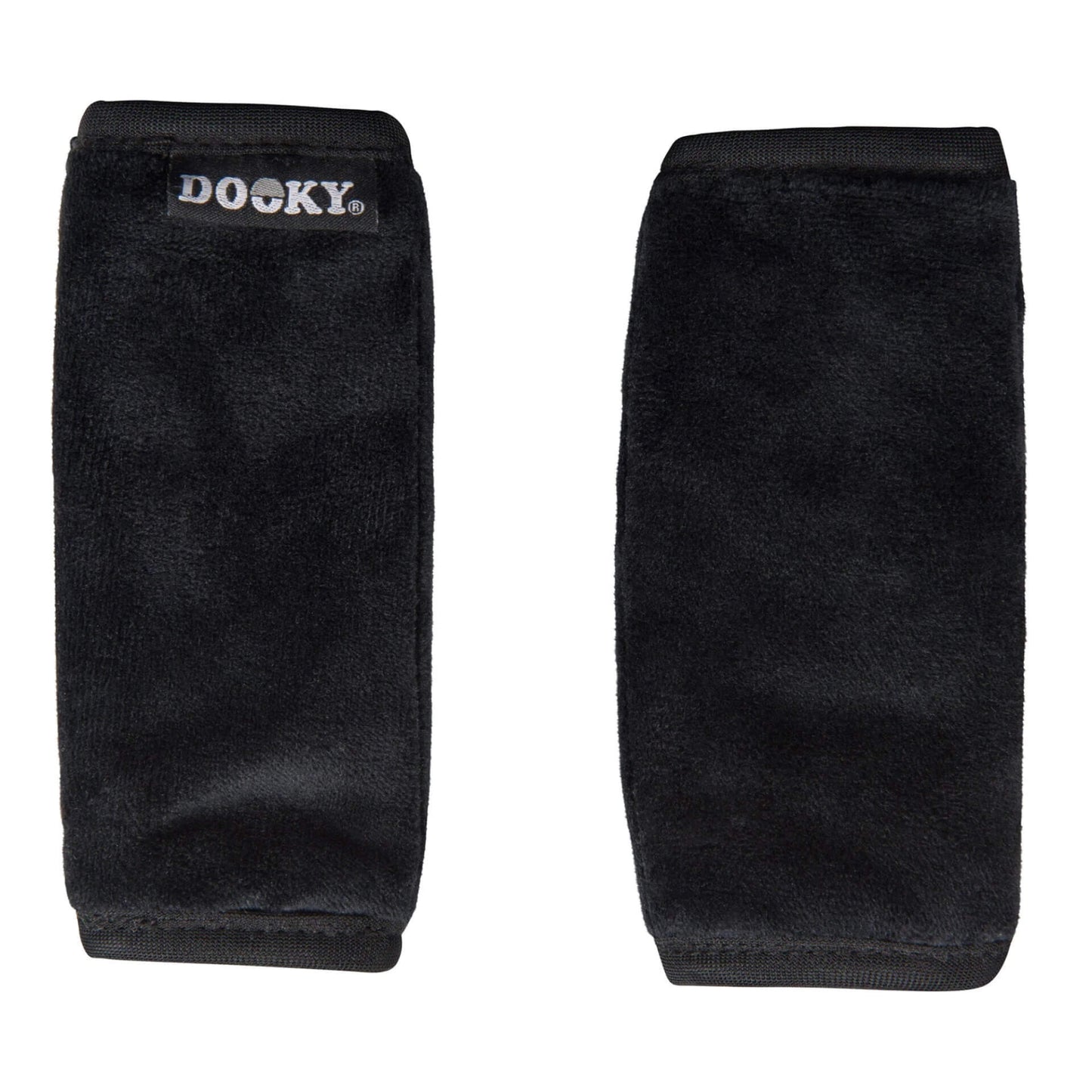 Dooky Seatbelt Pads in black providing soft, cushioned comfort for car journeys, designed to reduce irritation from seatbelt straps.