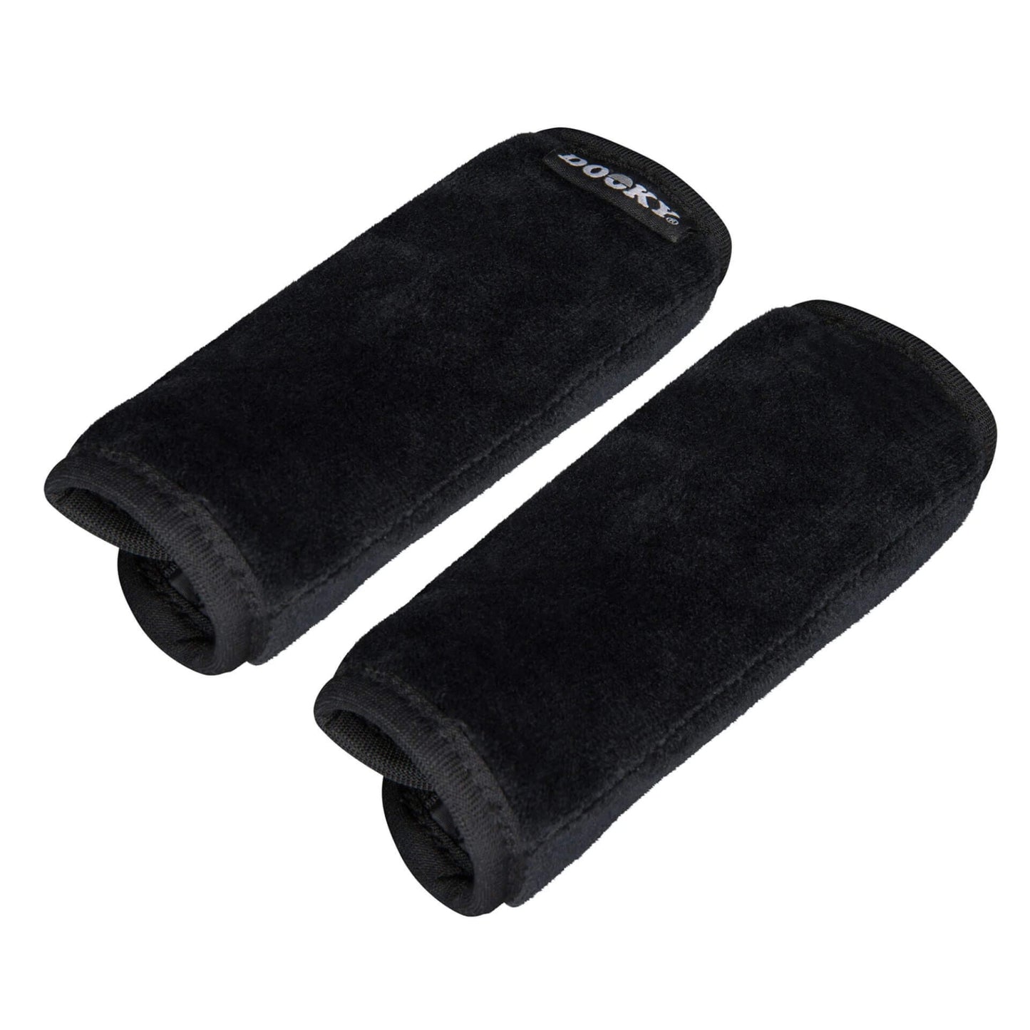 A pair of black padded seatbelt covers placed side by side against a white background.