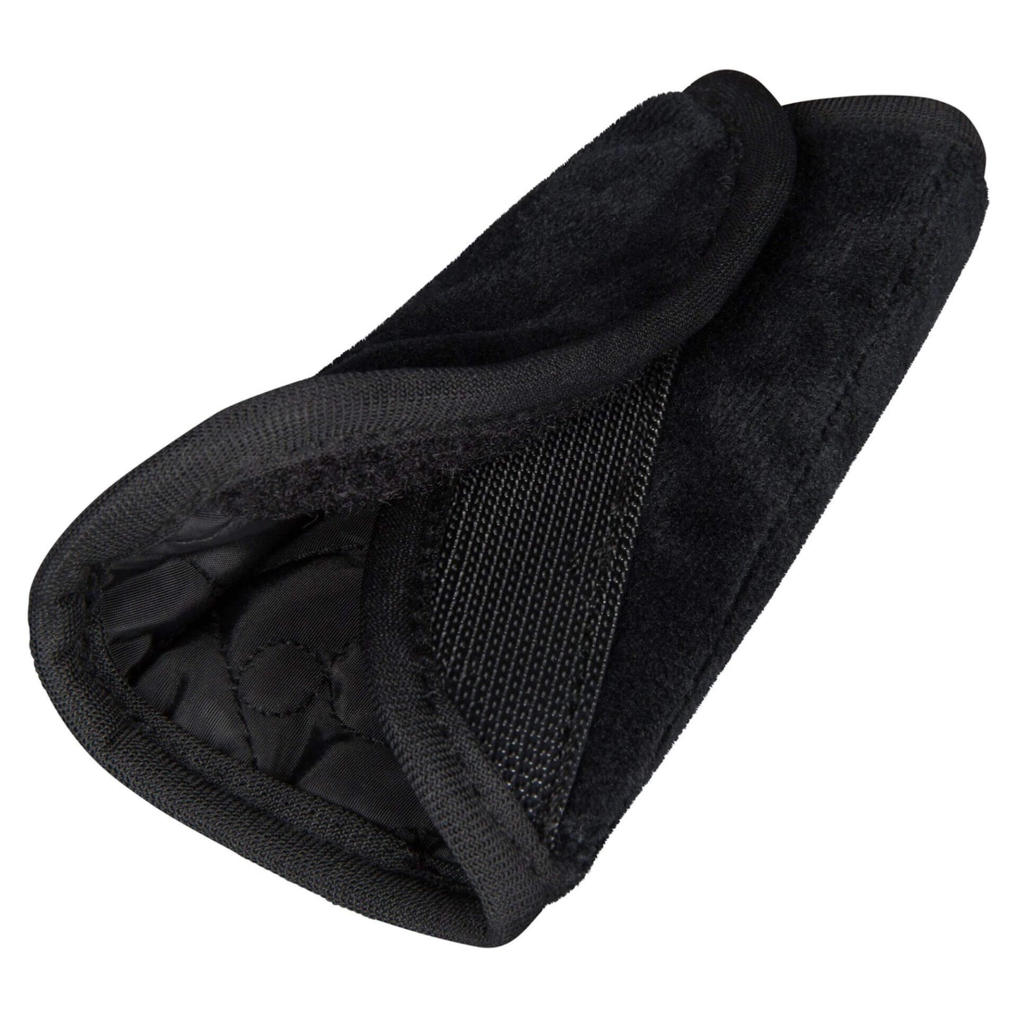 A close-up of a black padded seatbelt cover showing the inner Velcro fastening and quilted lining.