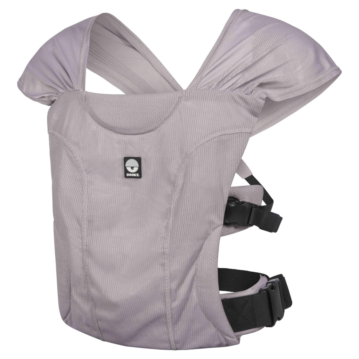 Dooky Splash Carrier in grey with wide shoulder straps, supportive front panel and adjustable black side and waist buckles.