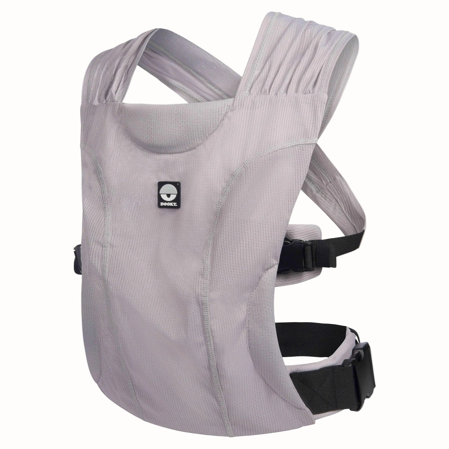 A grey water baby carrier shown from the front, with wide fabric shoulder straps, shaped body panel and adjustable buckles.
