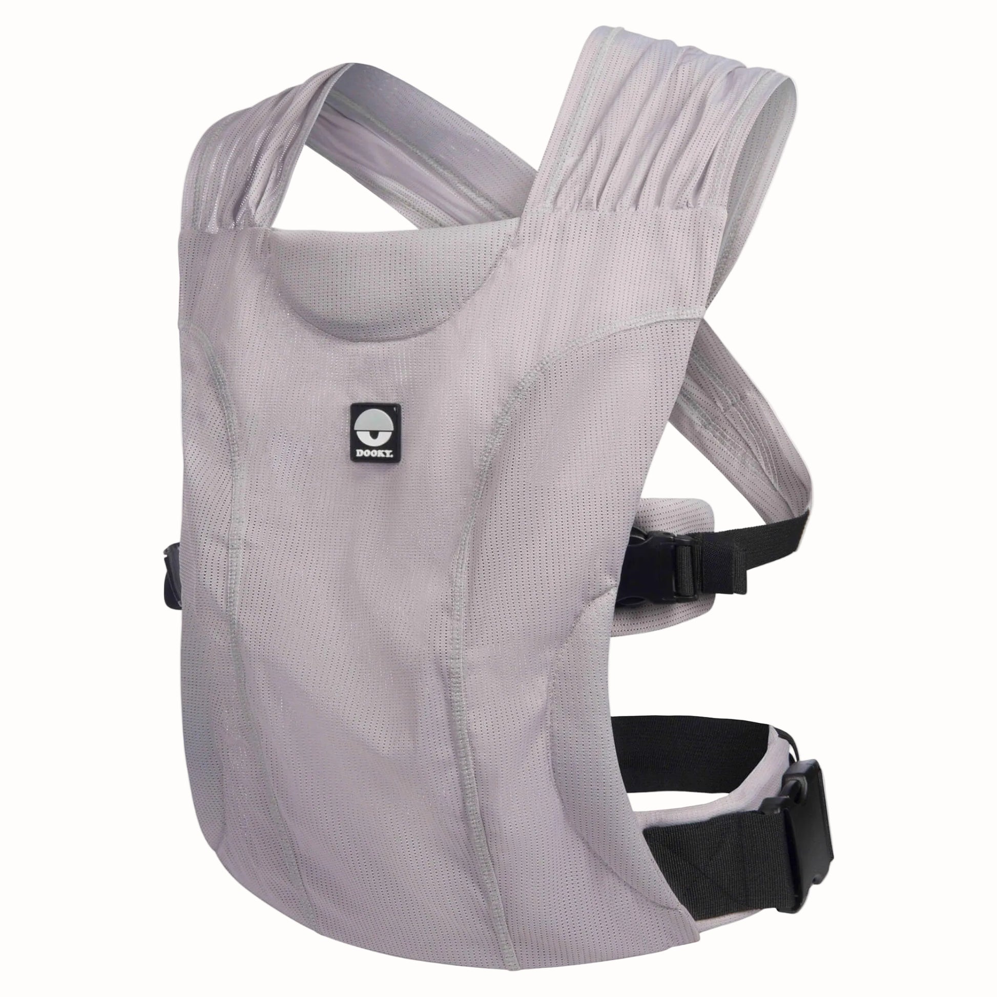 A grey water baby carrier shown from the front, with wide fabric shoulder straps, shaped body panel and adjustable buckles.