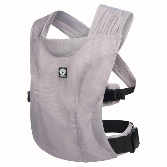 A grey water baby carrier shown from the front, with wide fabric shoulder straps, shaped body panel and adjustable buckles.