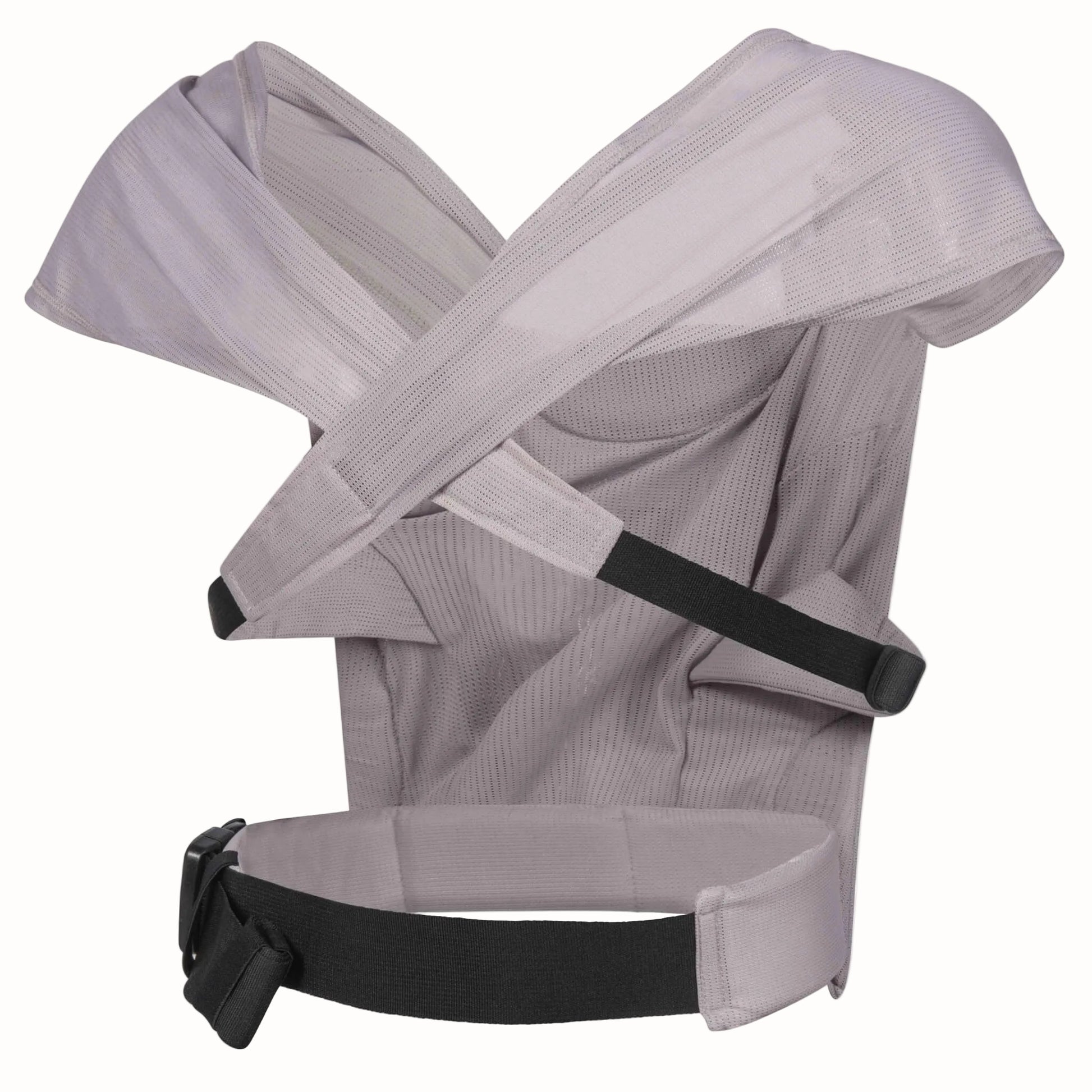 Back view of a grey water baby carrier showing crossed shoulder straps, adjustable back strap and supportive waist belt.