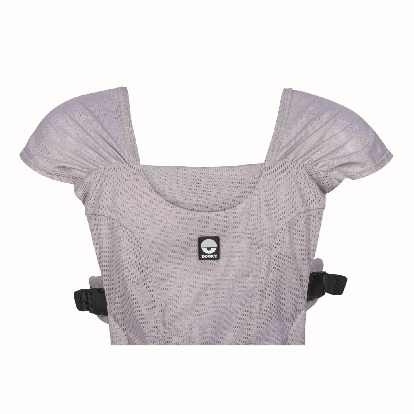Front detail of a grey water baby carrier showing the wide gathered shoulder straps and shaped upper support panel.