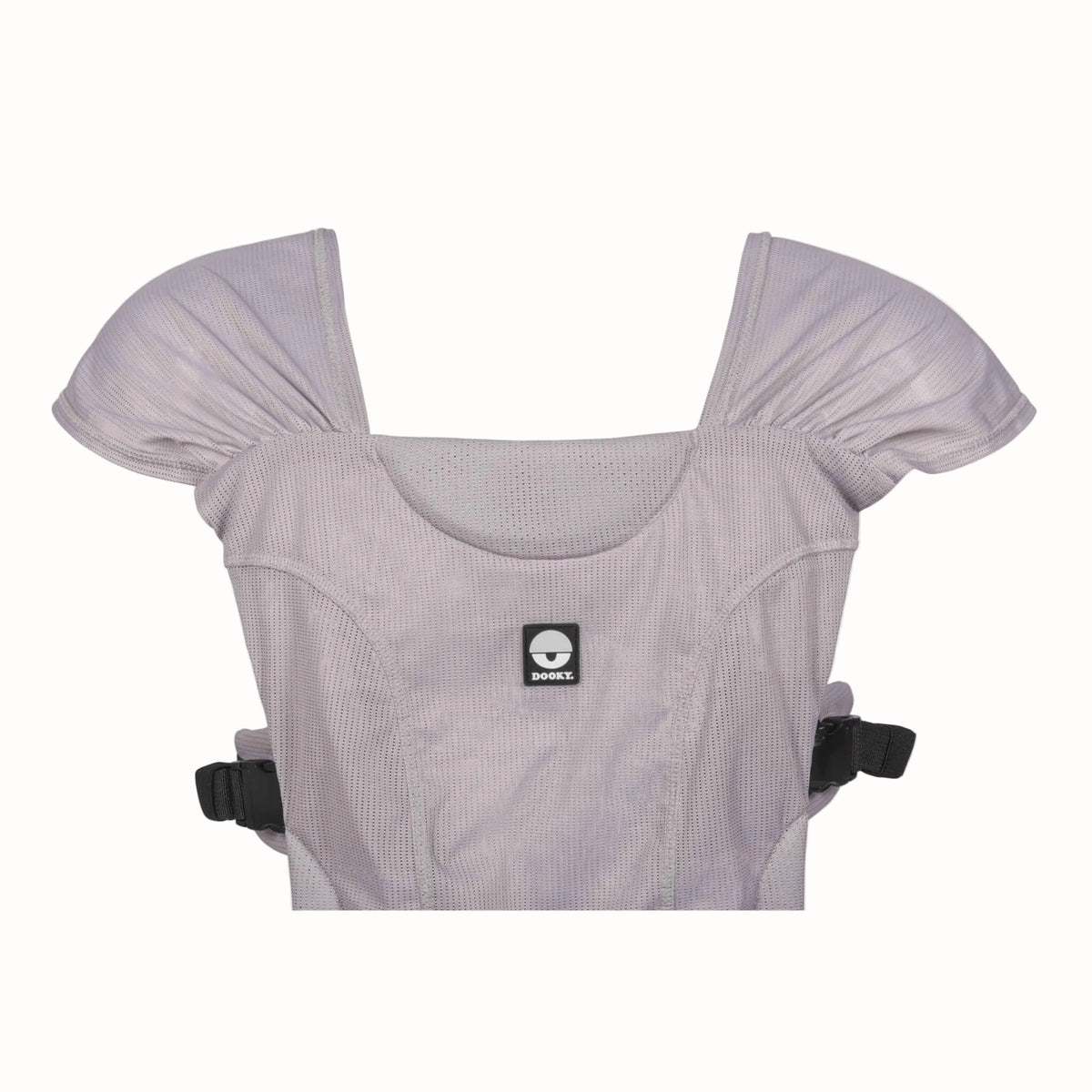 Front detail of a grey water baby carrier showing the wide gathered shoulder straps and shaped upper support panel.