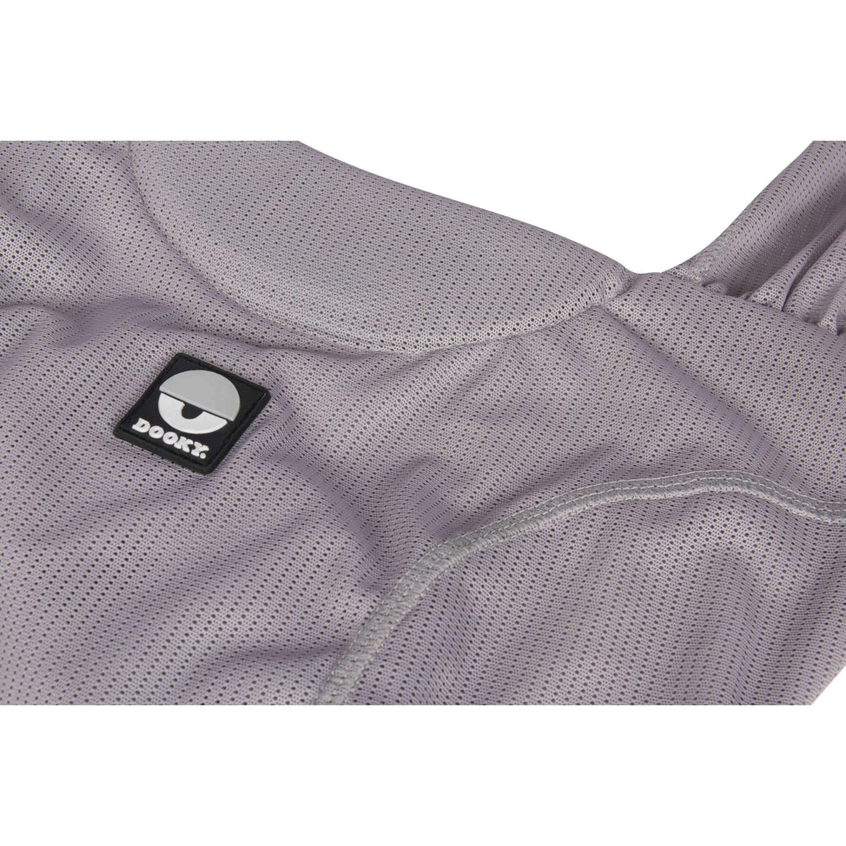 Close-up of the soft grey quick-drying fabric and stitched detailing used on a water baby carrier.