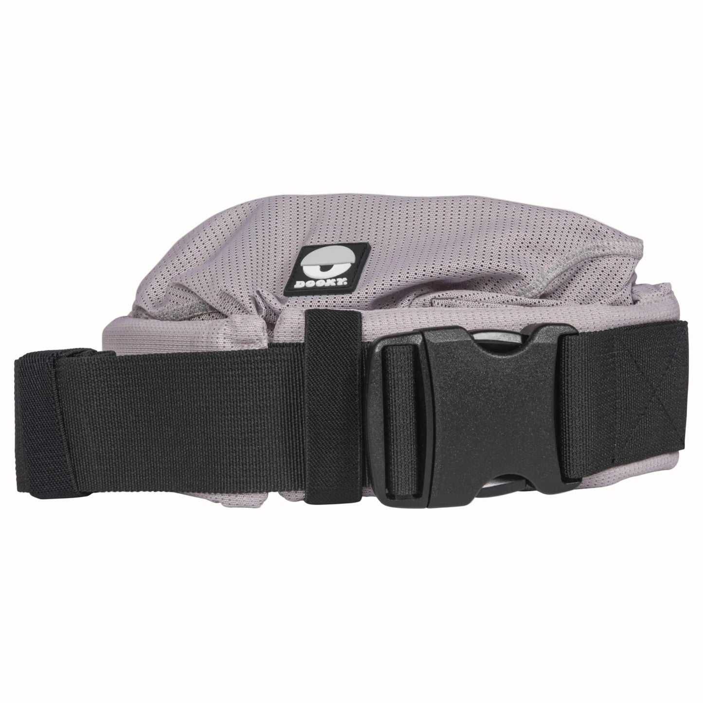 Close-up of the adjustable black waist strap and buckle on a grey water baby carrier.