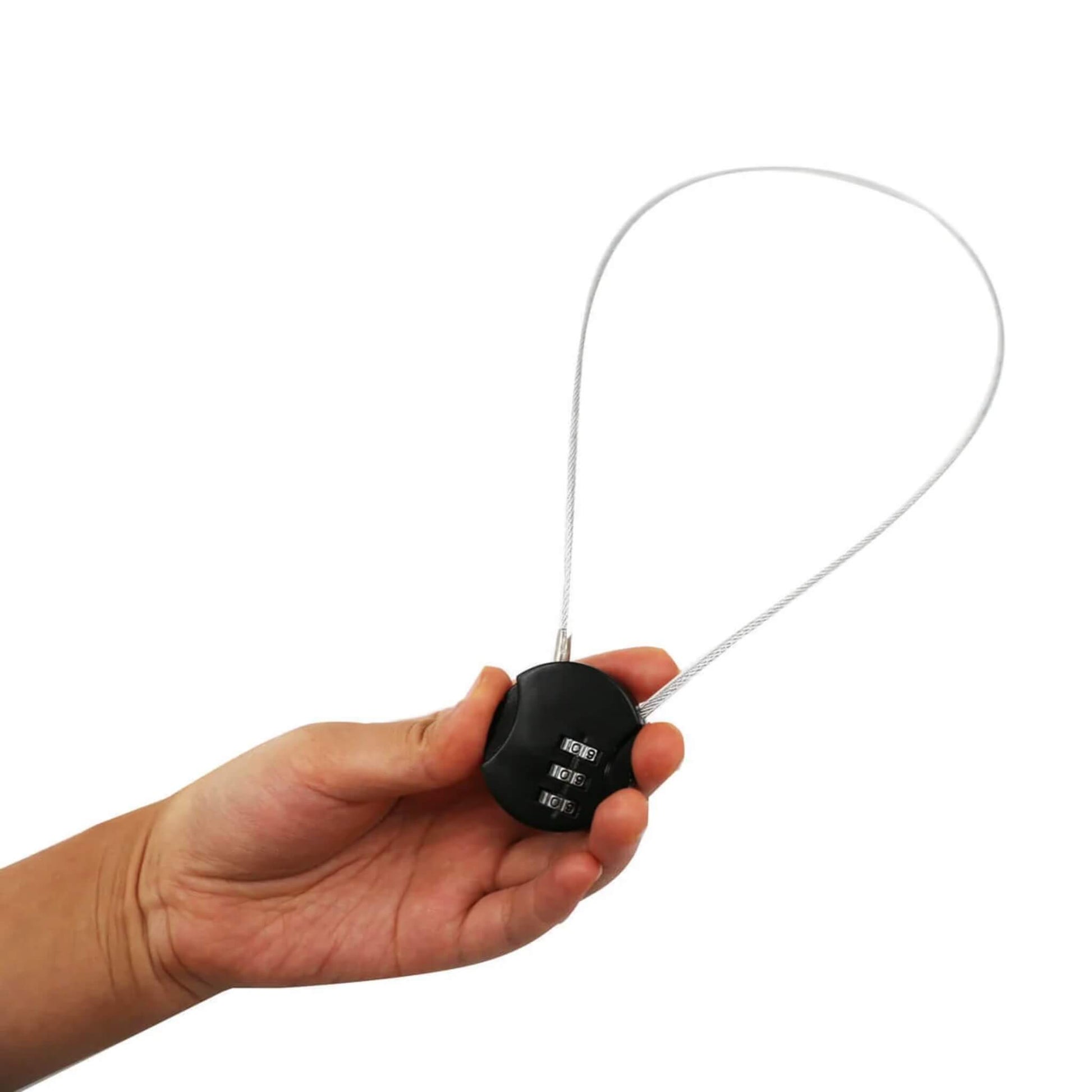 A person holding a cable lock in one hand, showing the black combination dial and silver cable loop.