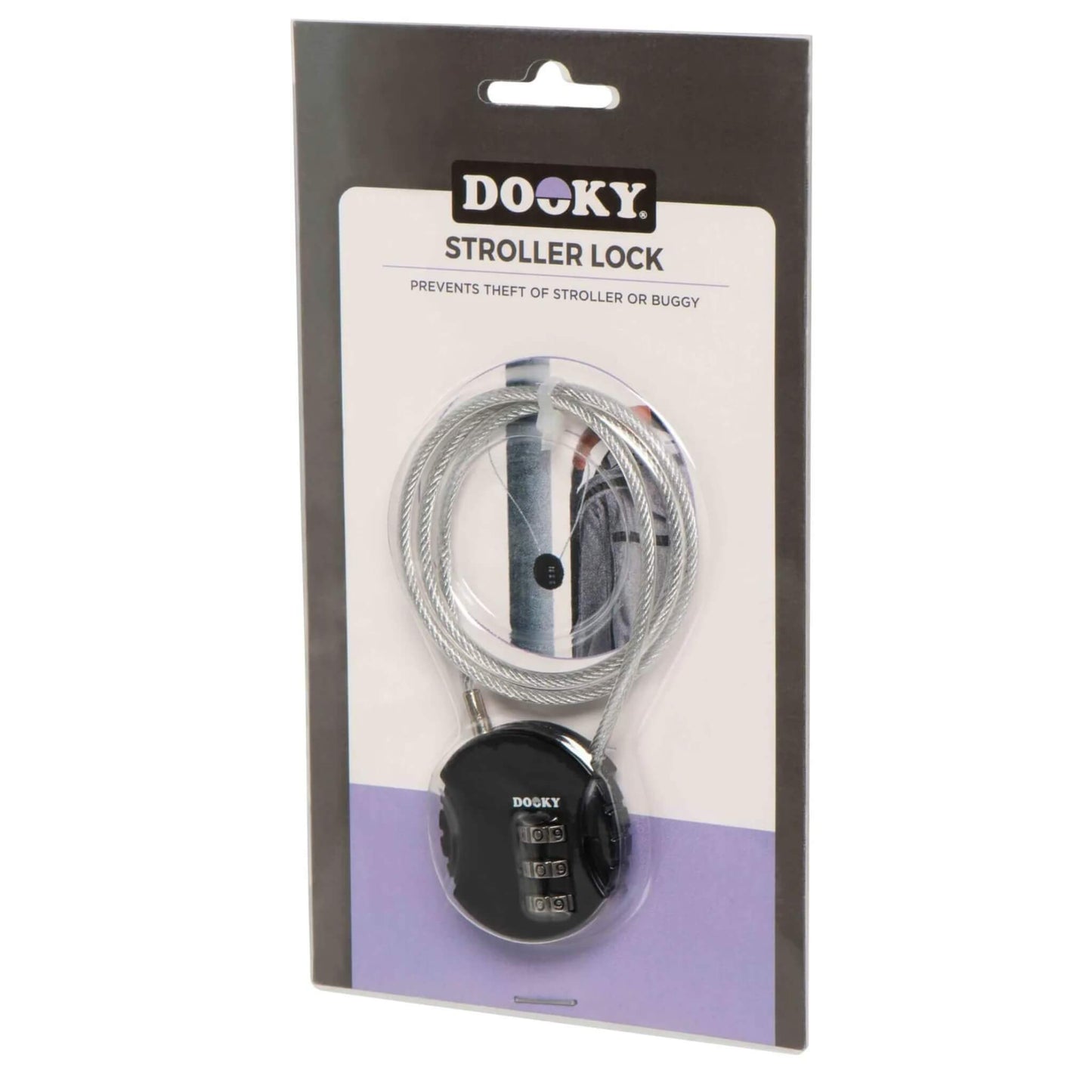 A packaged stroller lock inside clear plastic, with product card displaying text and an image of the lock in use.