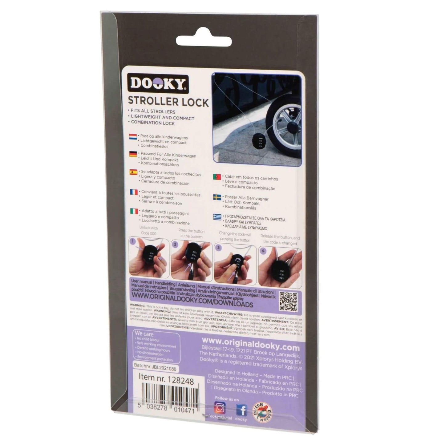 Rear view of stroller lock packaging showing multilingual product information and small images of how to set the combination.
