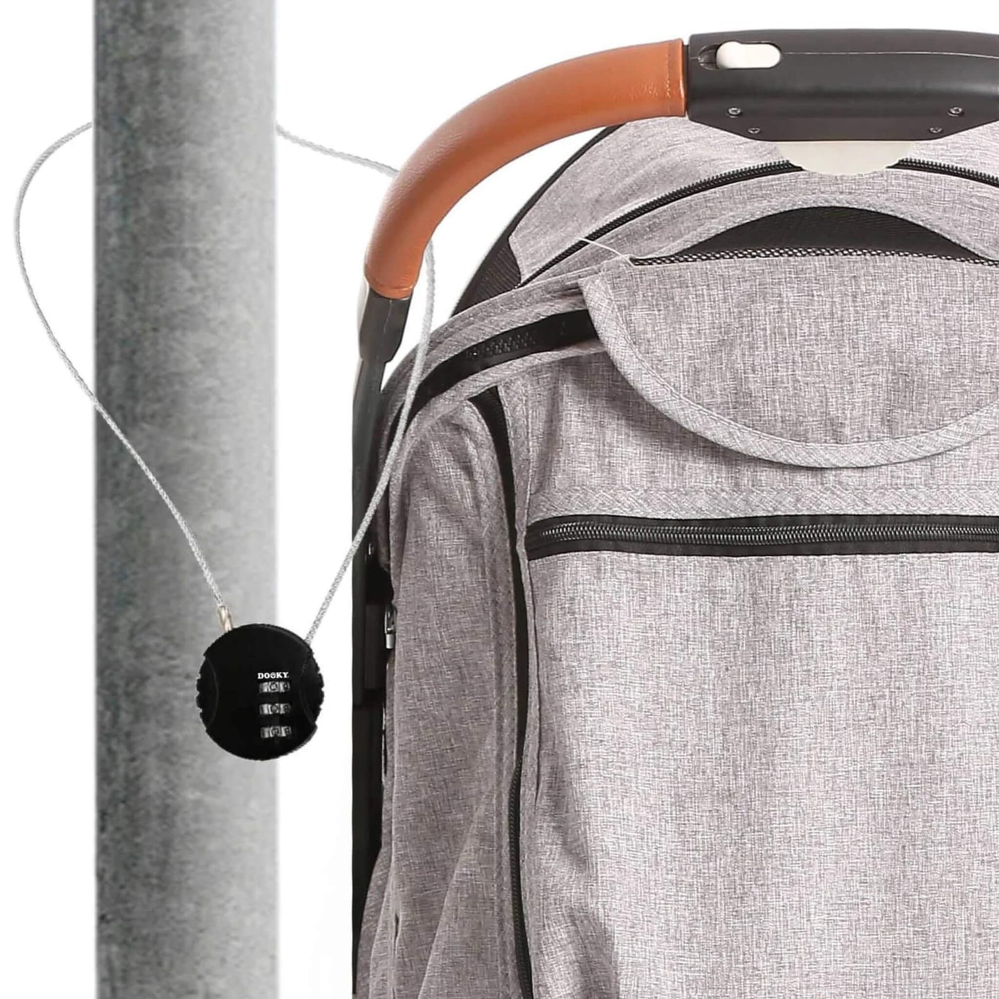 A cable lock securing a grey stroller handle to a metal pole.