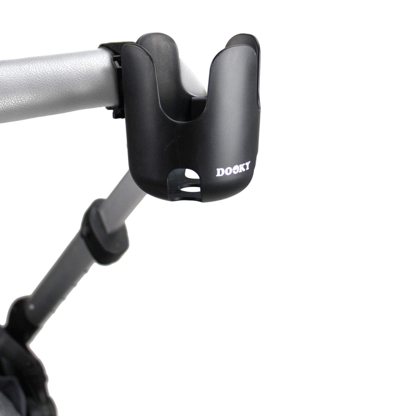 Dooky Stroller Universal Cup Holder mounted on a stroller handle, shown empty to display the inner grip and attachment design.