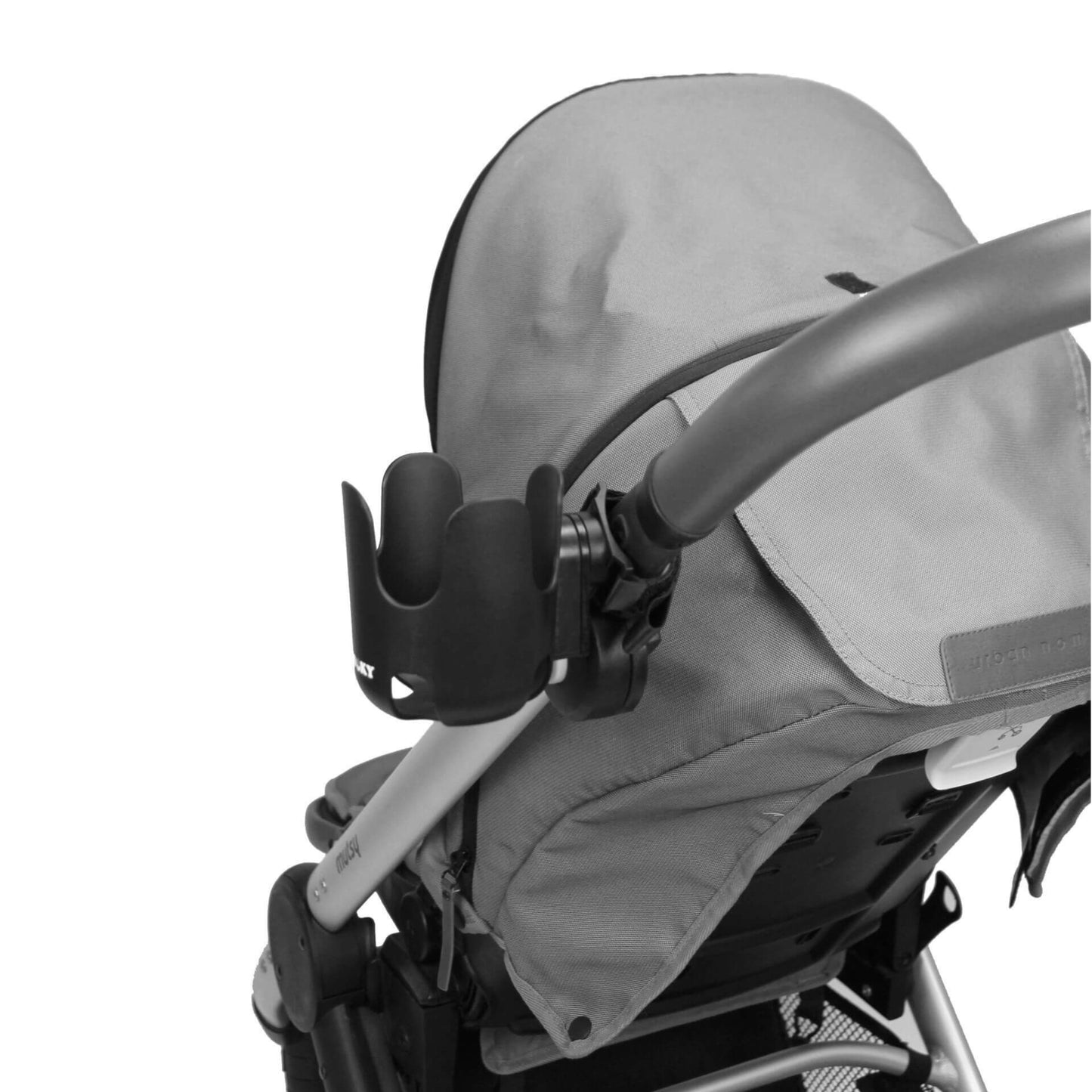 A side view of a black cup holder attached to a stroller handle using a clamp mount.