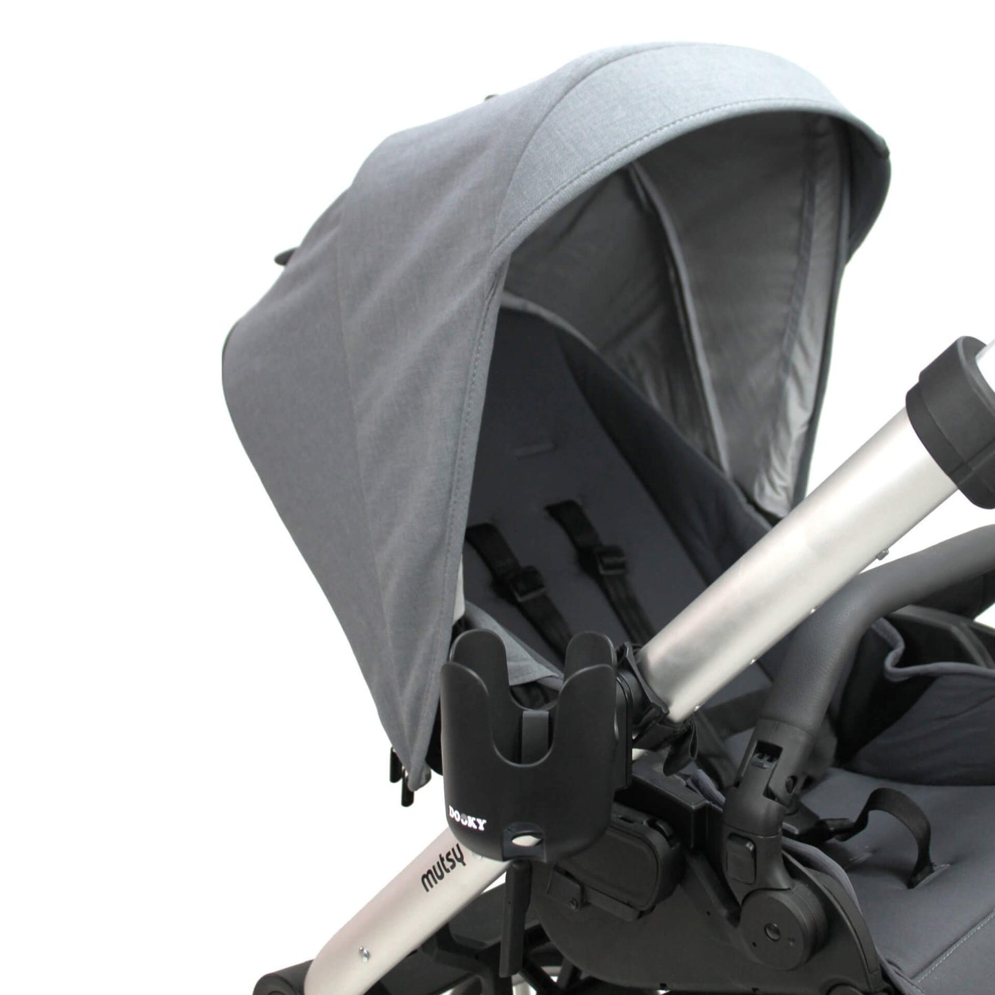 A black cup holder attached to the side frame of a grey stroller with the canopy extended.