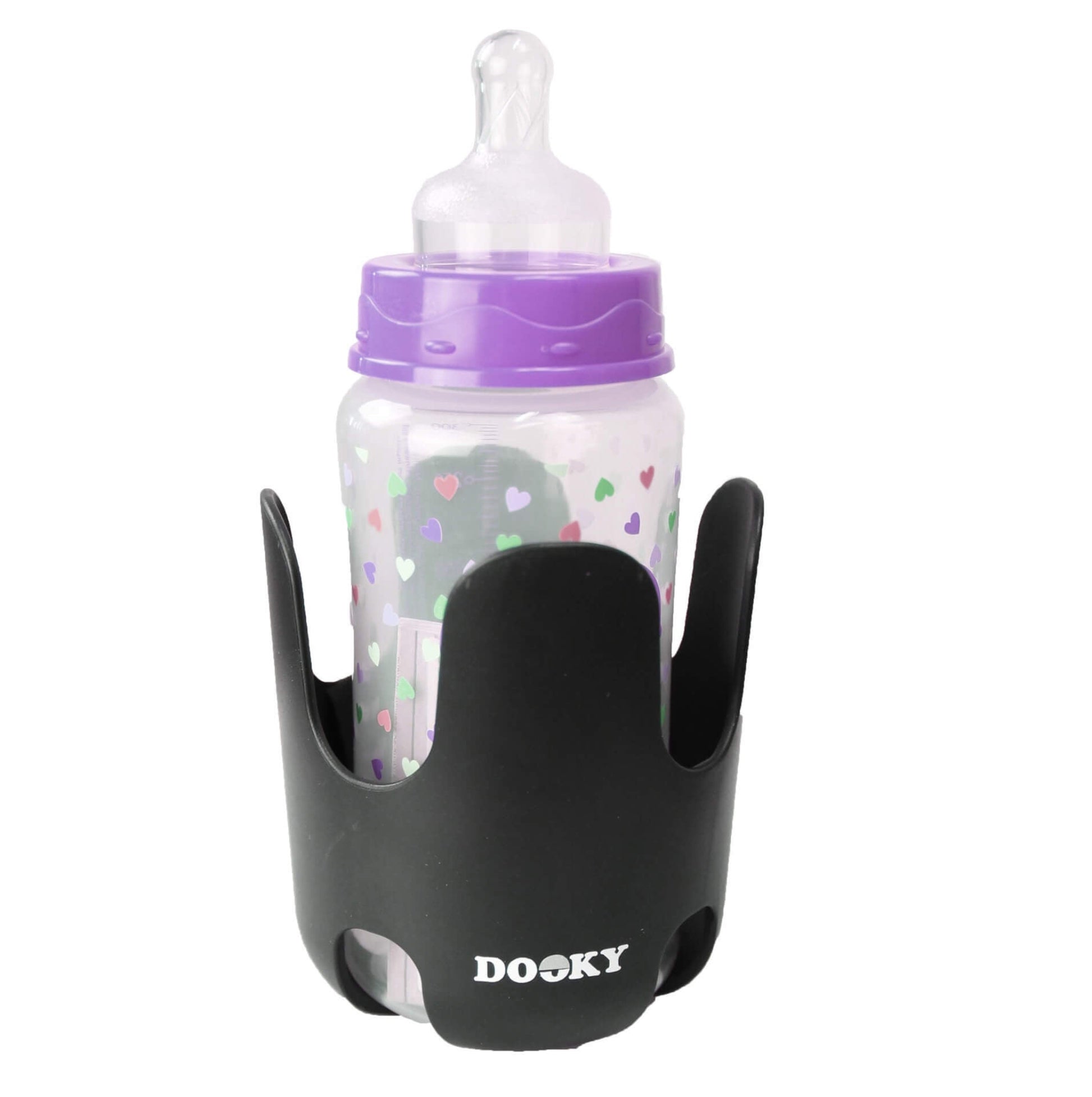 Universal Cup Holder securely holding a baby bottle with a purple cap and heart pattern, showing compatibility with different drink containers.