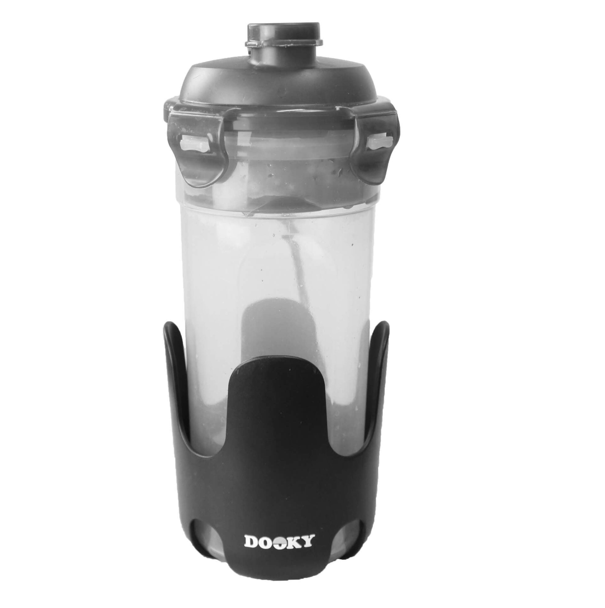 A tall reusable drinks bottle with a grey lid held in a black cup holder.