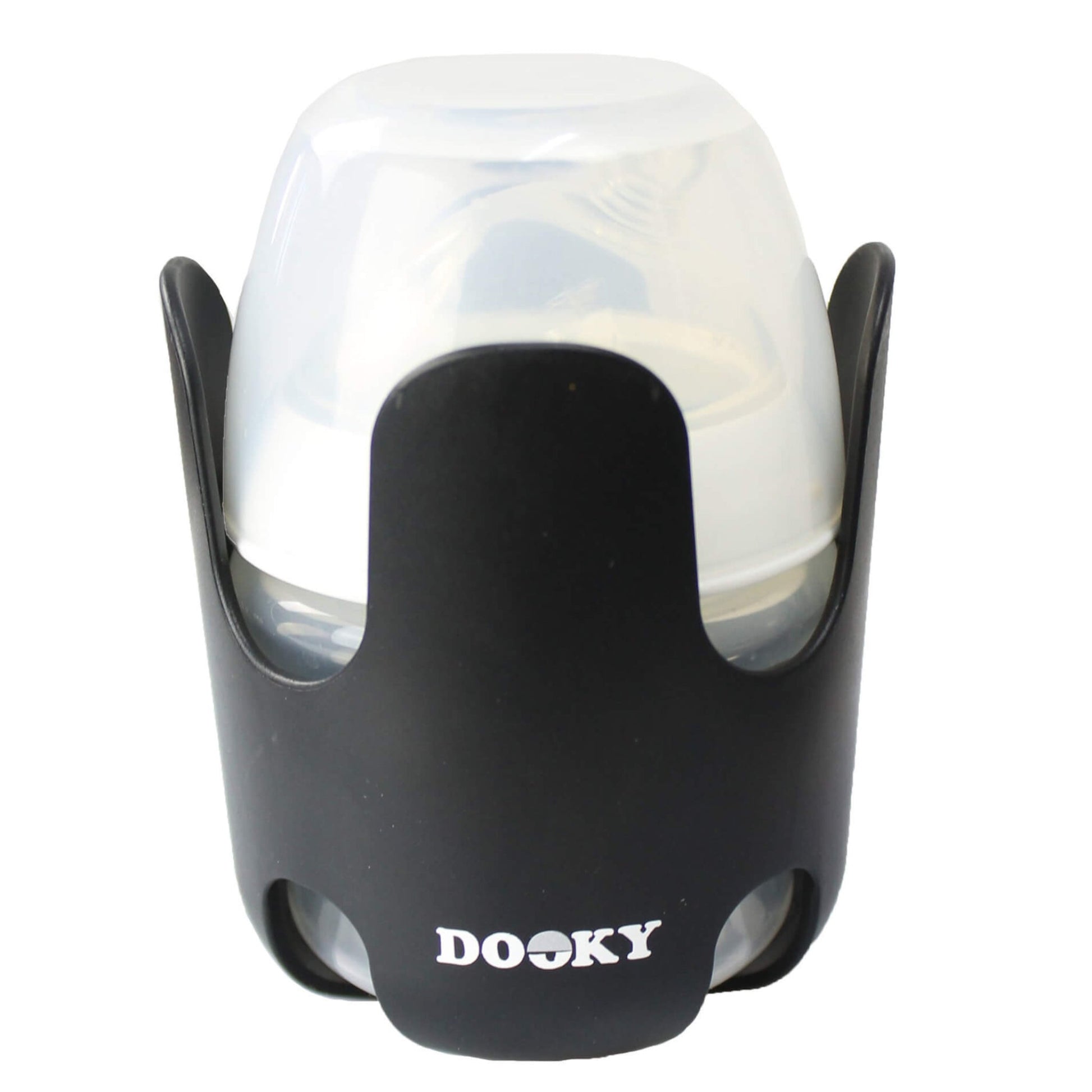 A small baby bottle with a white cap and silicone teat placed inside a black cup holder.