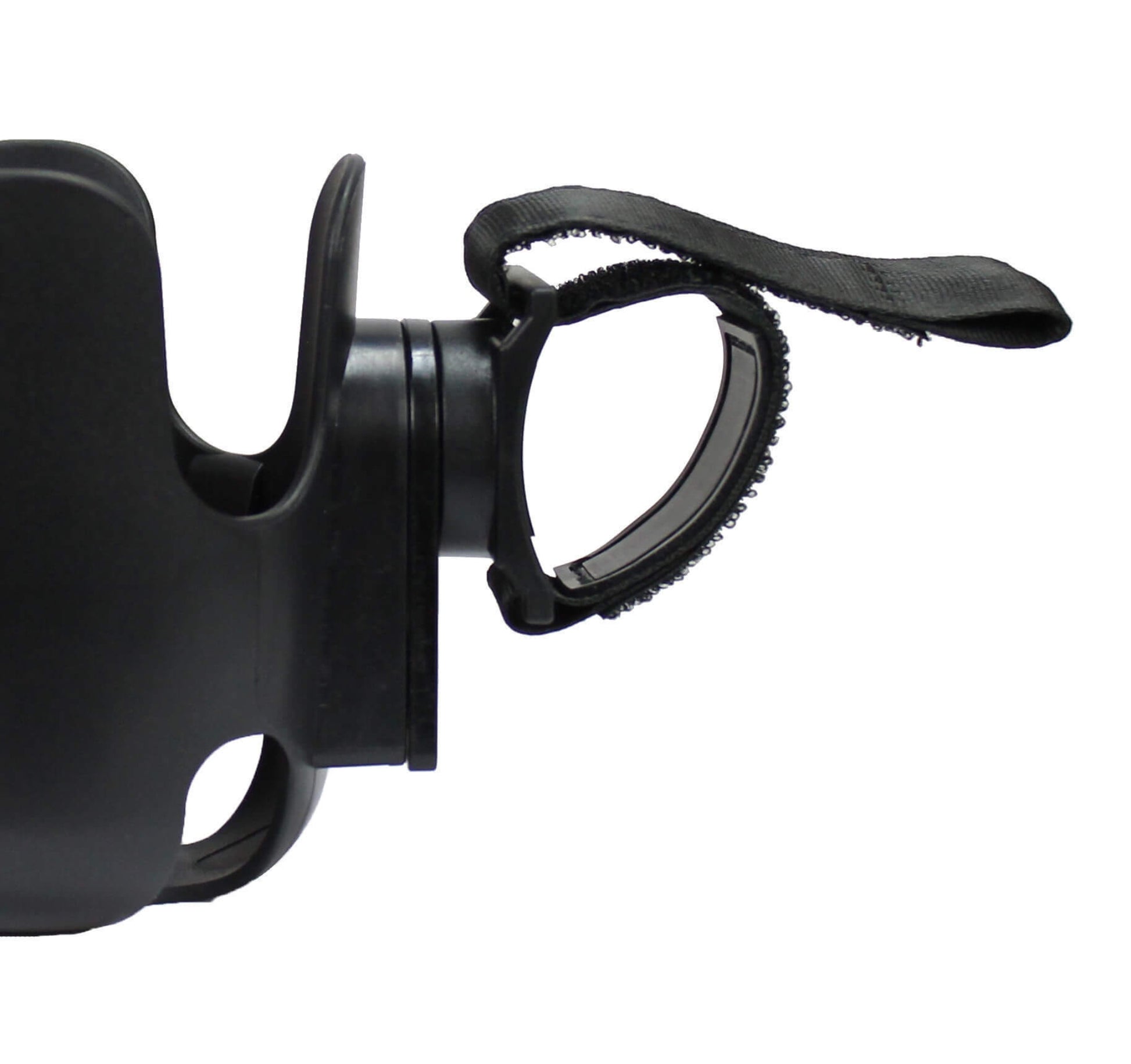 A side view of a black cup holder attached to a strap with a Velcro fastening.