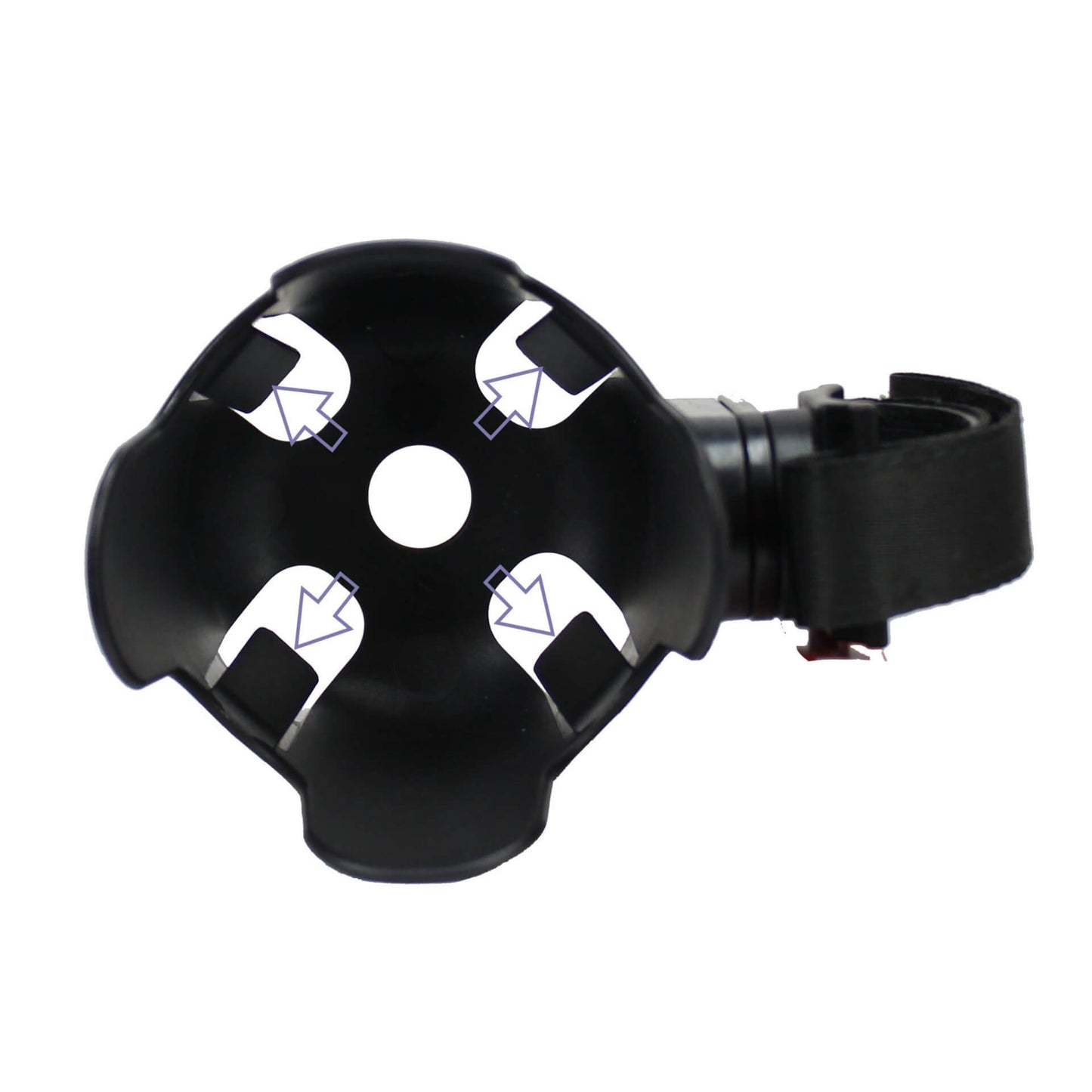 A top-down view of a black cup holder with four flexible grips inside and a central hole for drainage.