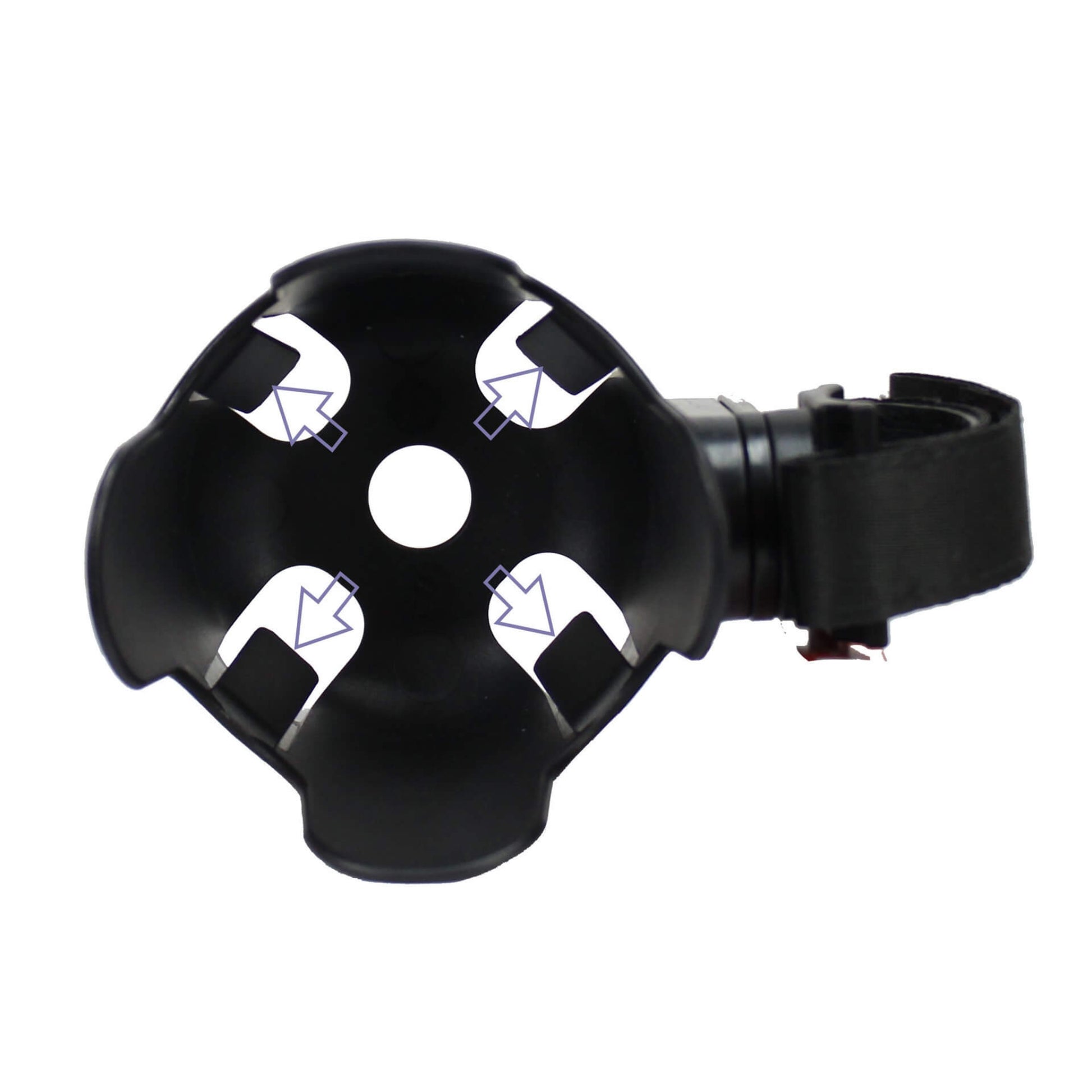 A top-down view of a black cup holder with four flexible grips inside and a central hole for drainage.